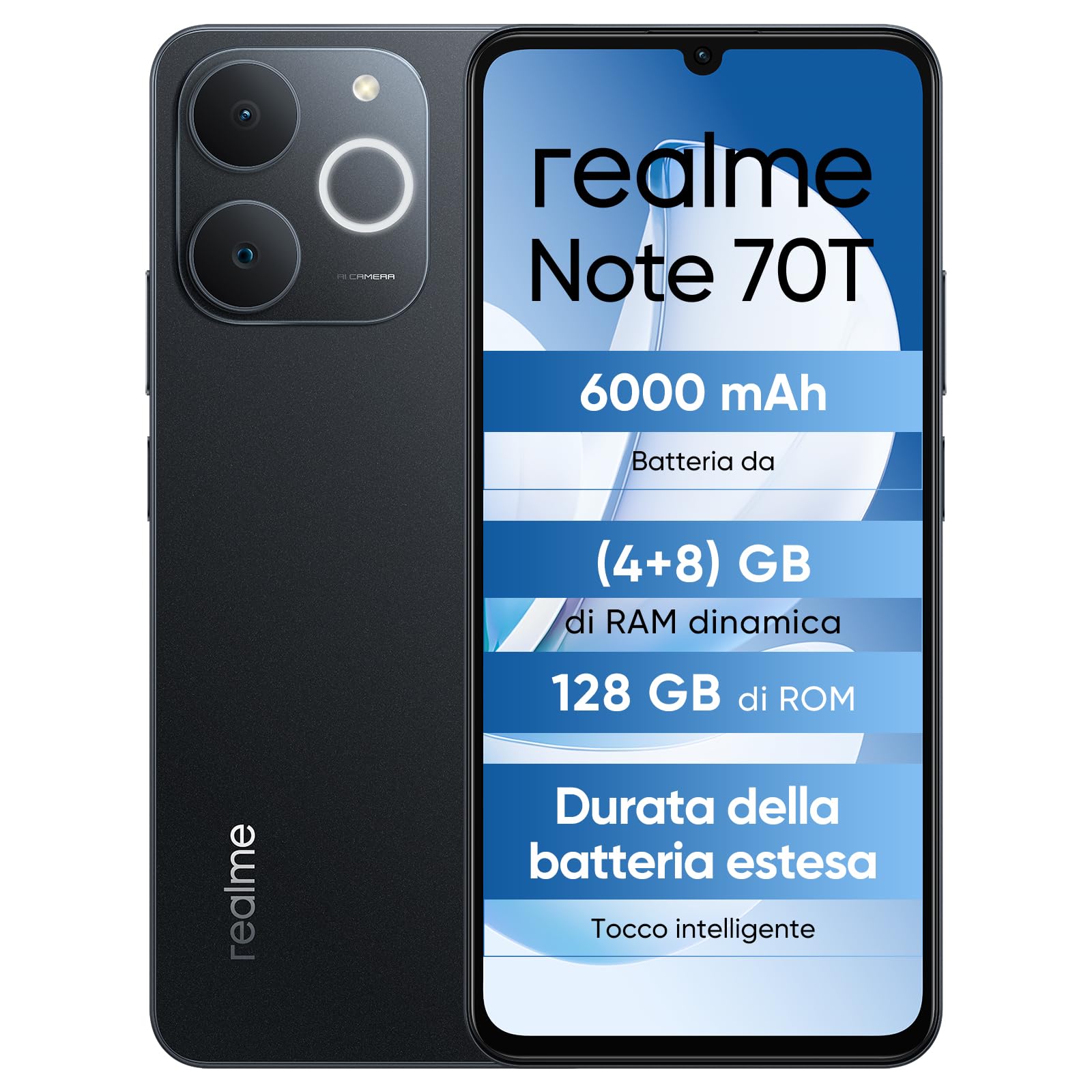 realme Note 70T Smartphone 4+128 GB, Batteria 6000 mAh, Protezione ArmorShell, Processore Octa-Core, Certificazione IP54, Display Comfort visivo 6,75 Pollici 90 Hz, Ossidiana Nera, Senza Caricatore