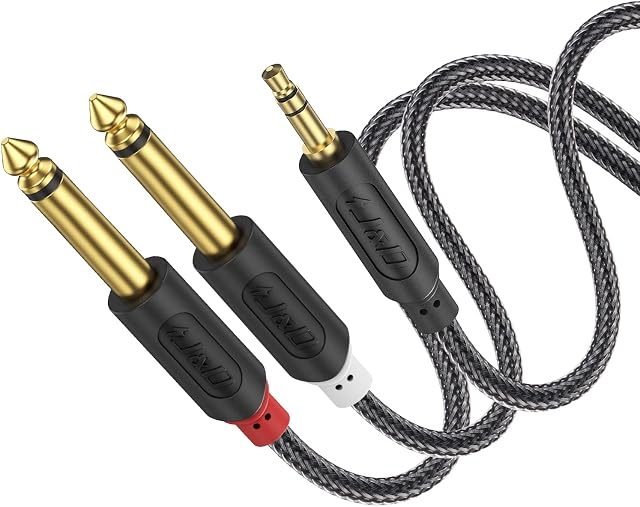 J&D 3.5 mm to 2 x 6.35 mm, Gold Plated Audiowave Series 3.5mm 1/8 inch TRS Male to 2X 6.35mm 1/4 inch TS Male Mono Cable Splitter with PVC Shelled Housing and Nylon Braid, 4.5 Meter