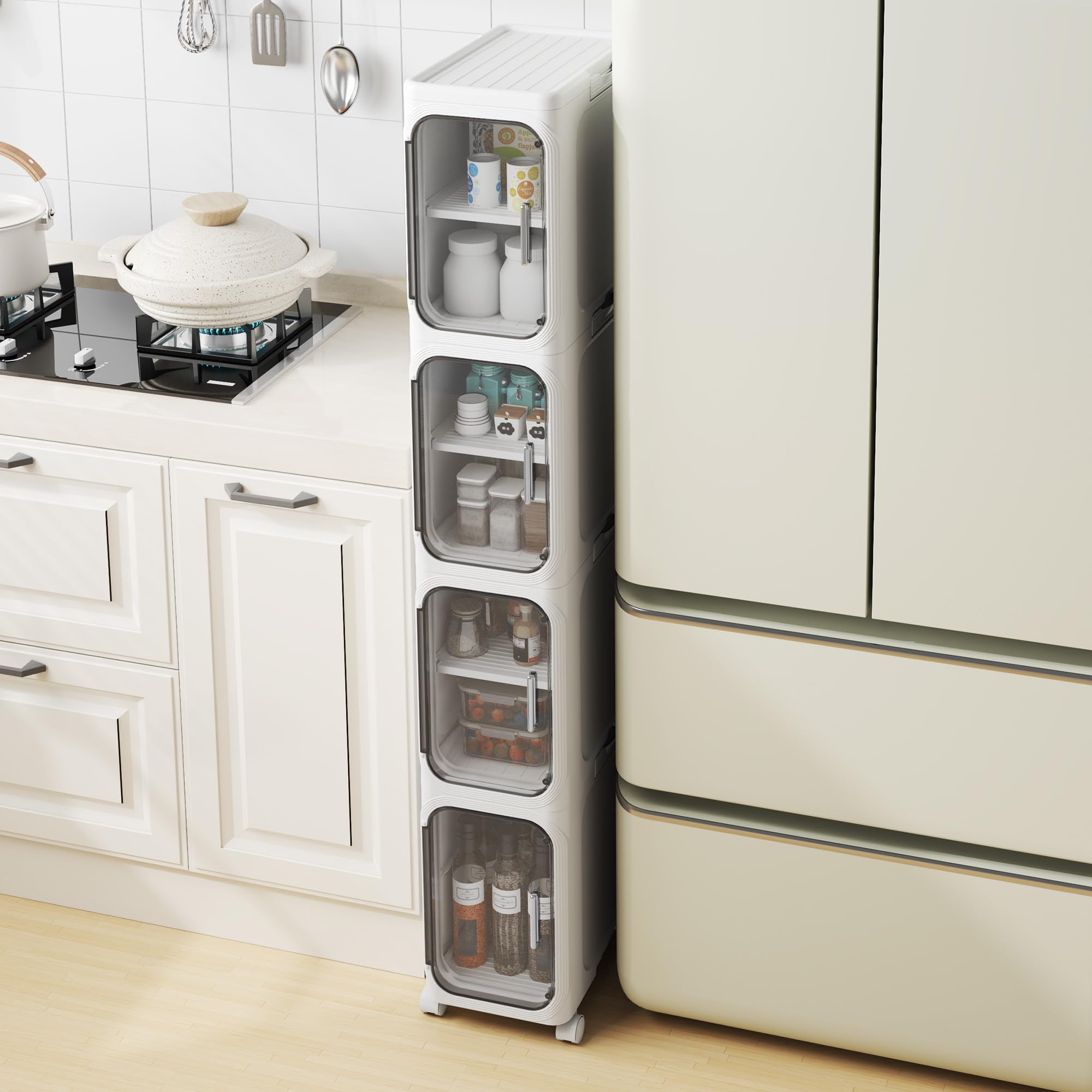 Schmaler Badezimmerschrank, freistehendes Aufbewahrungsmöbel aus Kunststoff mit Tür, wasserdichter Kleiner Rollwagen mit Rädern für Wohnzimmer, Küche (21W*127H*34D, 4 Ebenen)
