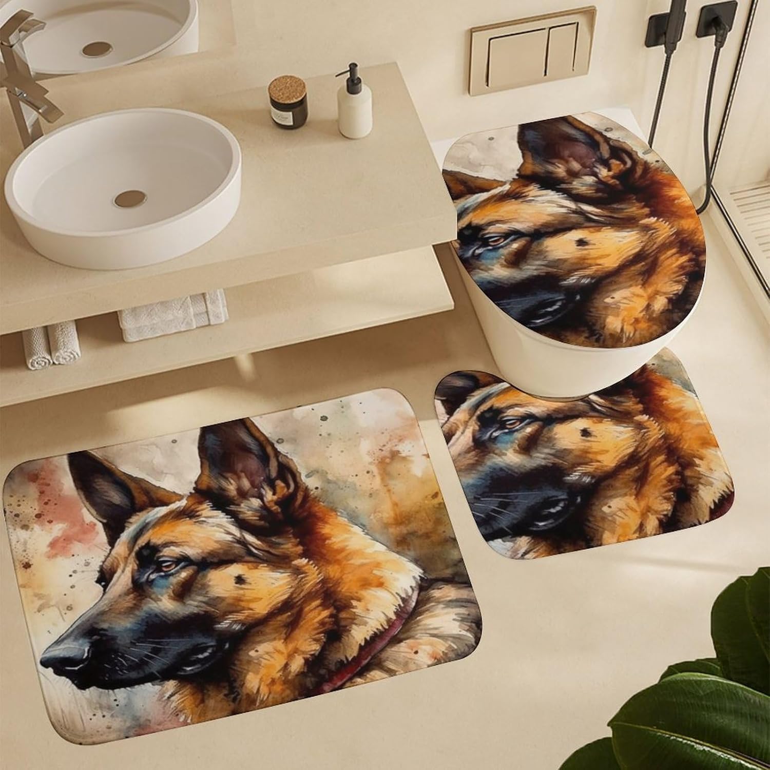 Abstract Animal Dog Shower Curtain Sets 4 Piece,Watercolor Oil Painting Style Cute German Shepherd Print Bathroom Decor Sets with Rugs Include Waterproof Non-Slip Toilet Lid Cover Bath Mat