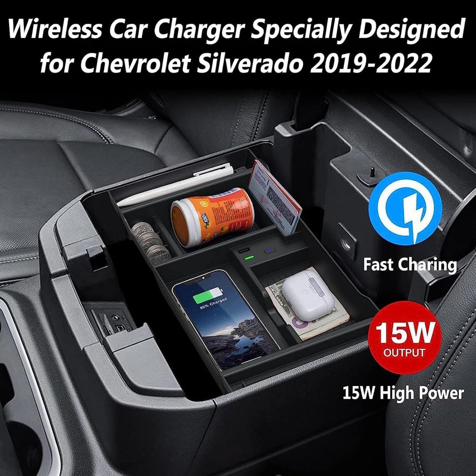 Cargador De Coche Inalámbrico para Chevrolet Silverado 2019-2022 Panel De Accesorios De Consola Central,Cargador Rápido De 15 W para Cualquier Teléfono Habilitado para Qi