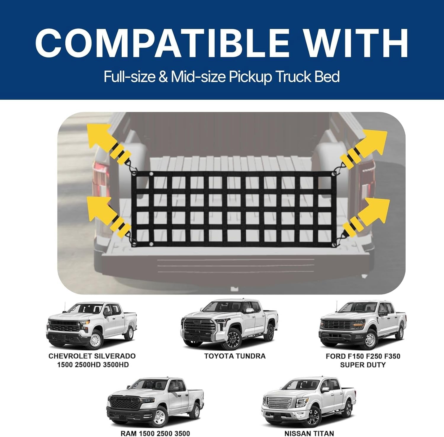 Heavy Duty Tailgate Net for Pickup Truck Bed, 60x18 in Truck Bed Net with 4 Adjustable Buckle Straps, Fits Chevy Ford GMC Dodge Ram