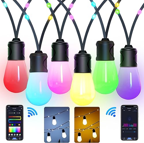 Nopoor Guirnalda de luces inteligentes para exteriores, bombillas LED RGB de 50 pies de color blanco cálido, luces de patio WiFi funcionan con disponible en Yaxa Peru