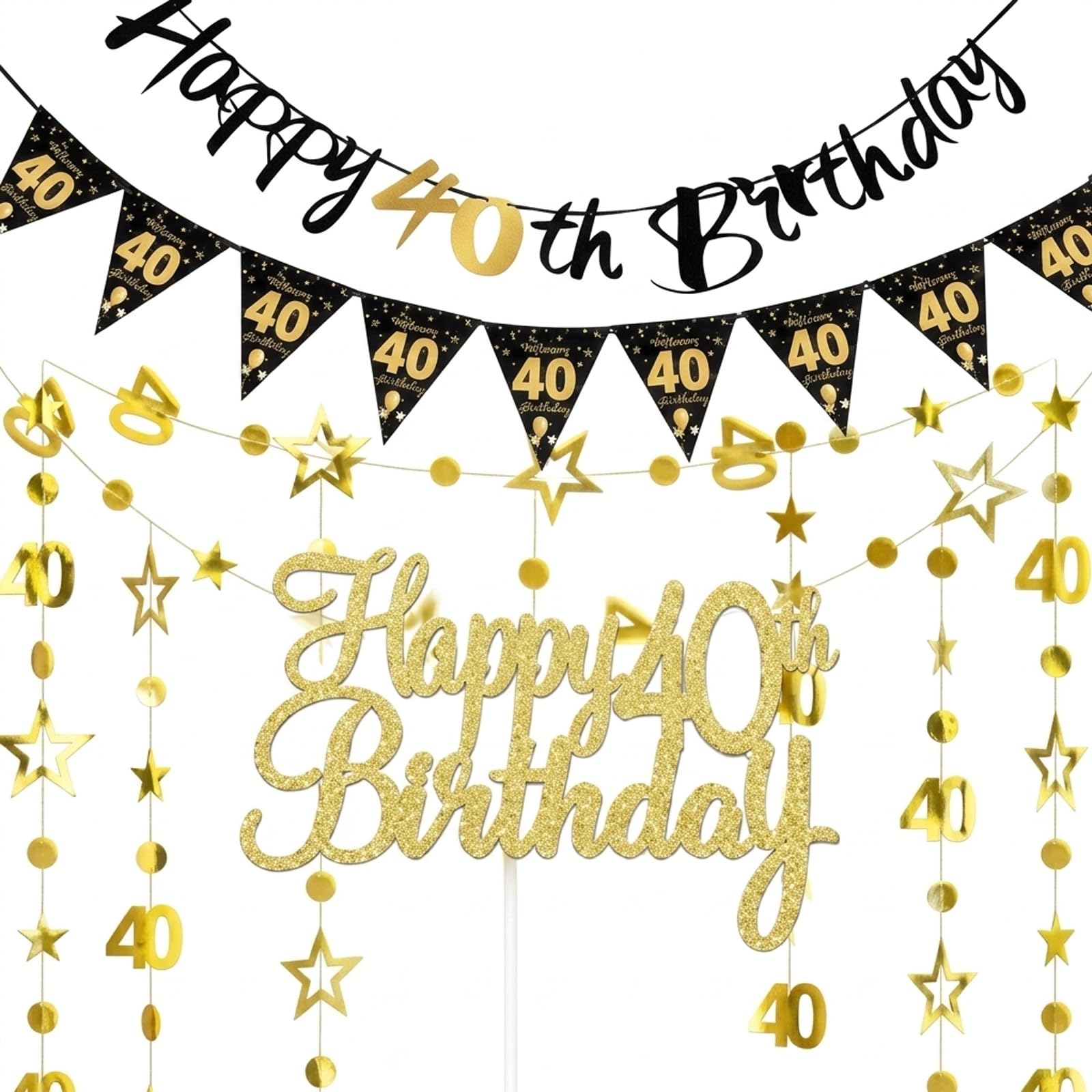 Black & Gold 40th Birthday Decorations Set, 40th Birthday Banner and Birthday Bunting, Star Cut-Outs with Golden Age Sign, Elegant 40th Birthday Decoration for Party Supplies