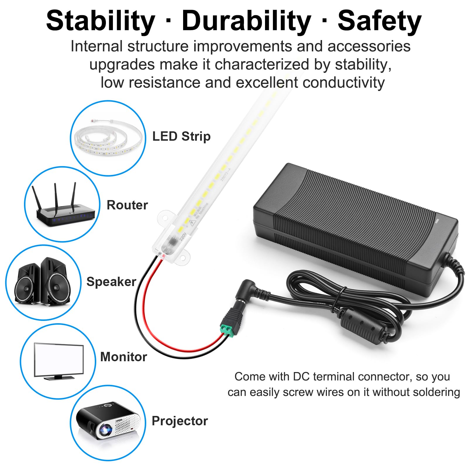 Adattatore di Alimentazione 12V 10A, 120W Convertitore AC 100-240V a DC 12V 10A con Connettore 5,5 x 2,5/2,1 mm Compatibile con Strisce LED, Stampanti 3D, Telecamere CCTV e Dispositivi a 12V