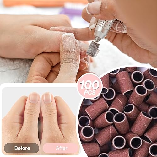 Miniatura 214 de MelodySusie 100 unidades de brocas de uñas, bandas de lijado para taladro de uñas, 120 bandas de lijado de lima de uñas de grano medio para uñas