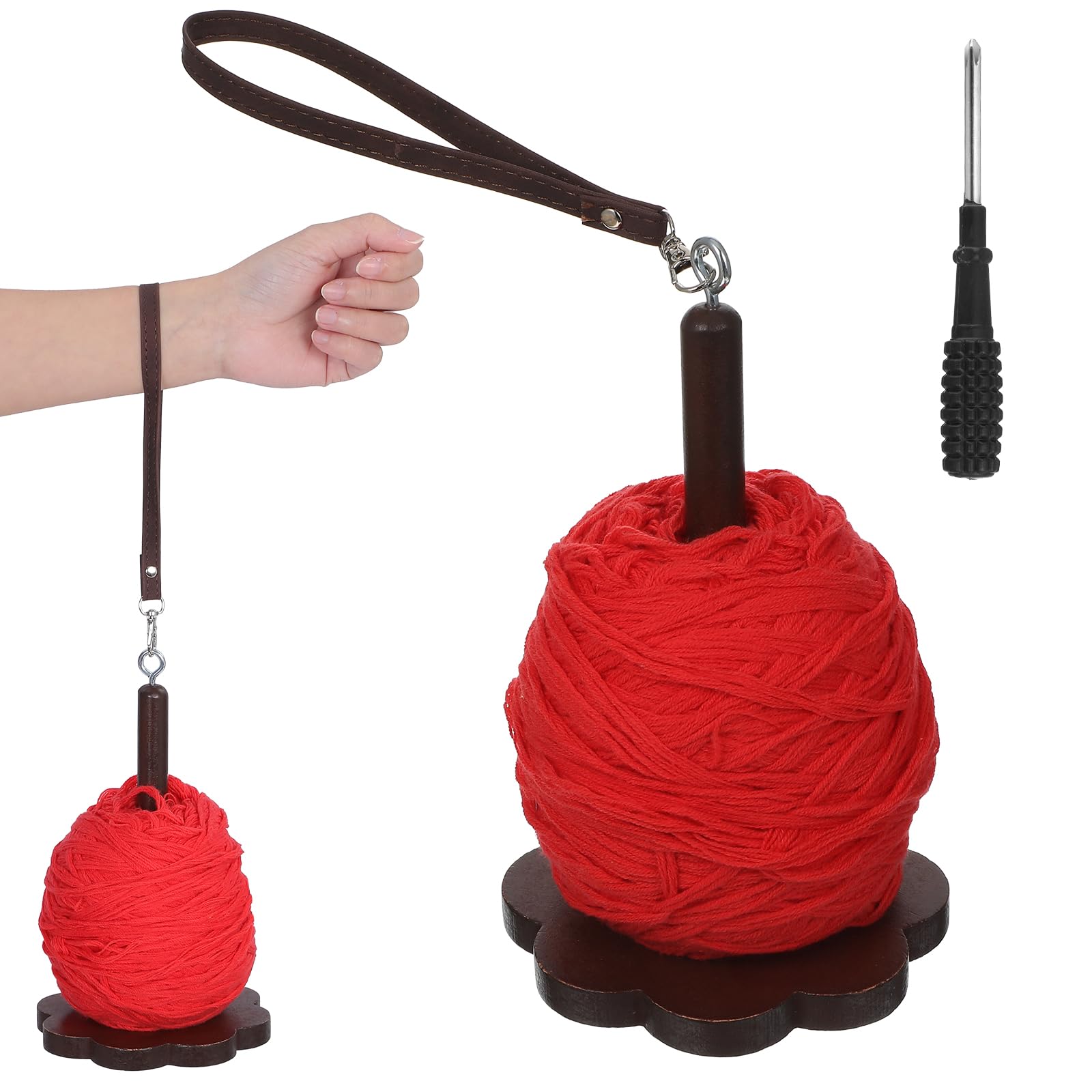 Pelotes de fil suspendues au poignet avec ce support en bois Molain pour crocheter en voyage
