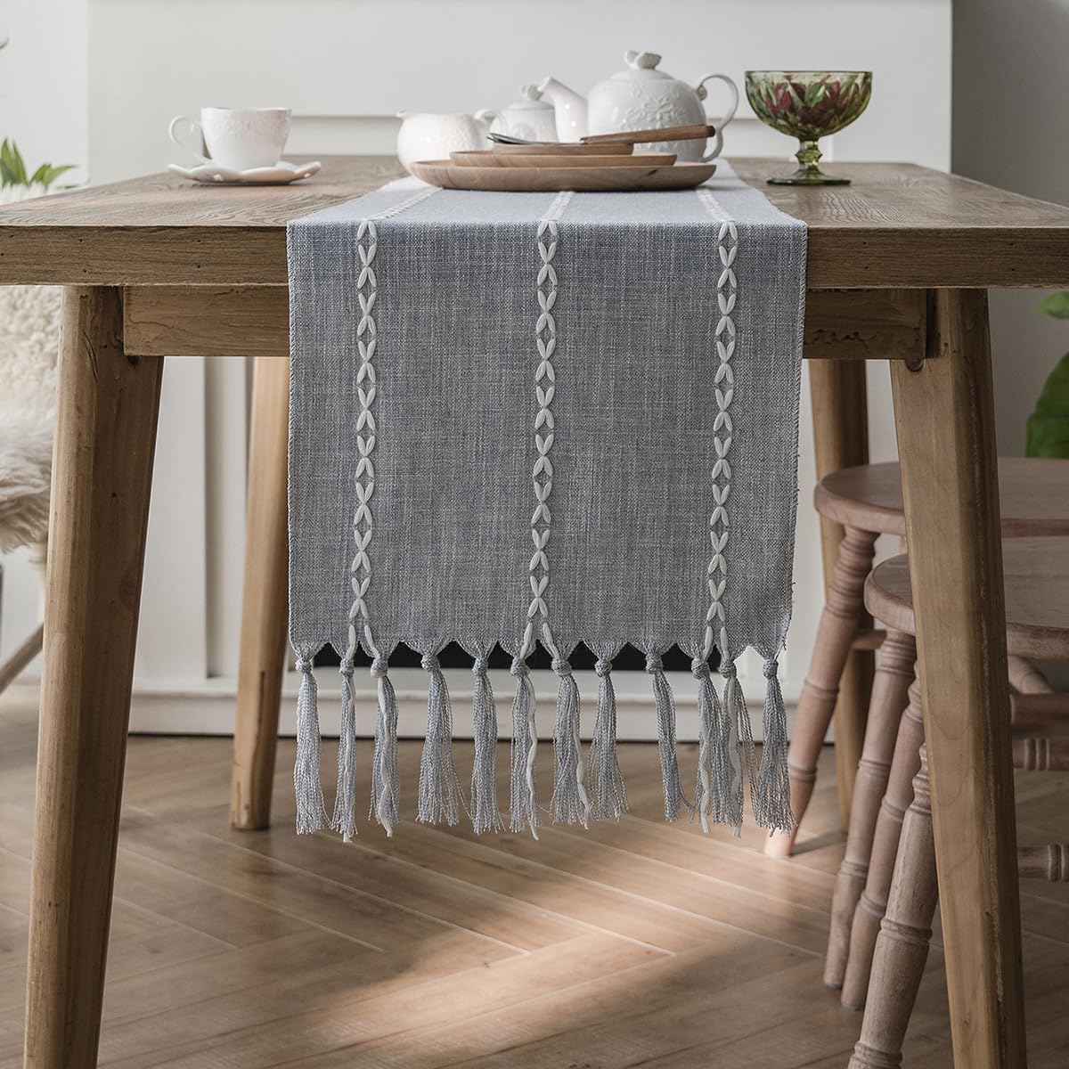 Table Runner Rustic Farmhouse Table Runner, Burlap Linen Style , Boho Woven Dining for Home,Party Decor, Long Size(K,33*330cm)