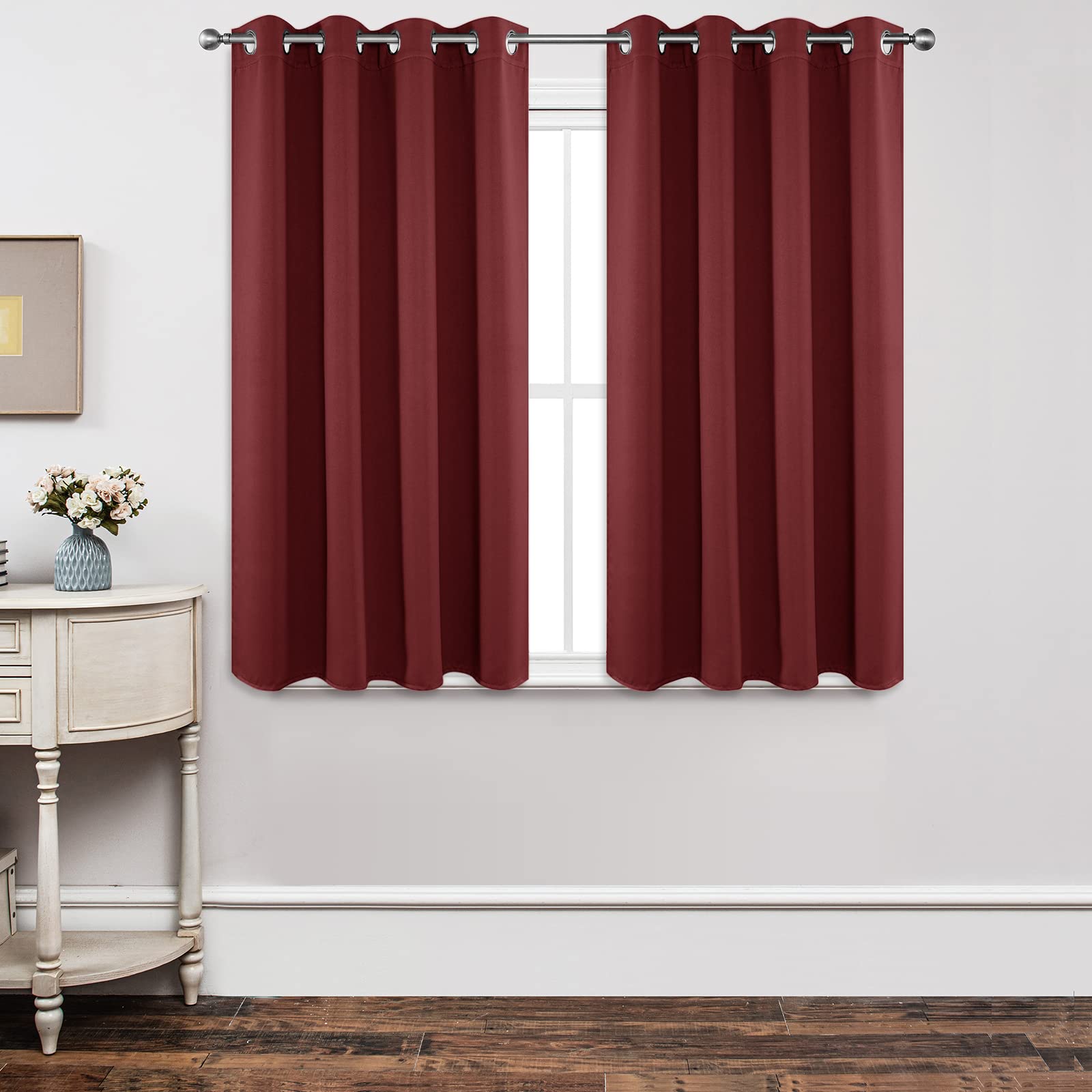 Joydeco Blackout Curtains 45 Inch Length 2 Panels Set, Thermal Insulated Long Curtains 2 Burg, Room Darkening Grommet Drapes for Living Room Bedroom Window (W52 x L45 Inch, Burgundy Red)