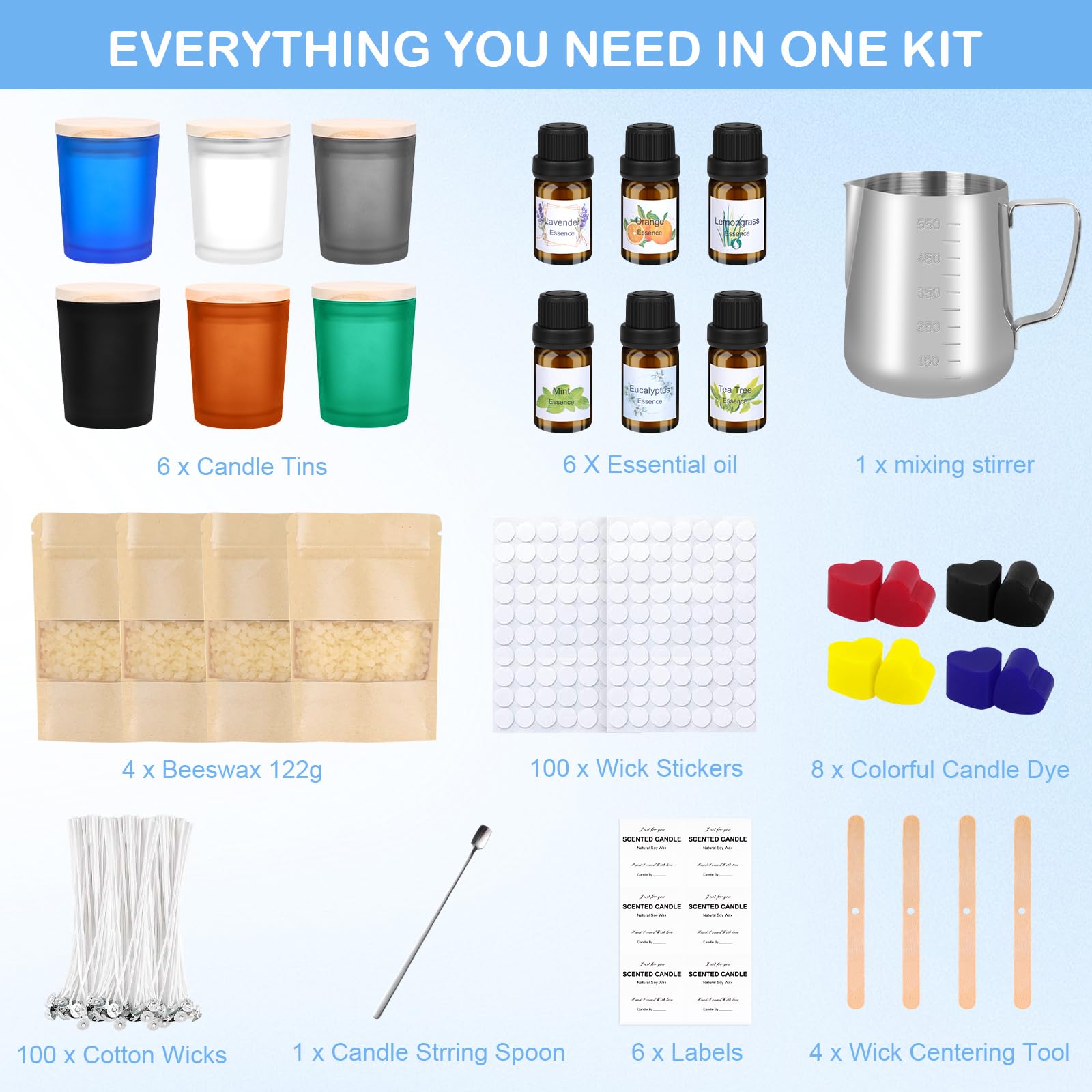 KERCAMKEL Kit para hacer velas,kit para hacer velas aromáticas,Kit de Regalo Bricolaje,6 vasos con tapa de madera,cera de abeja 480g,6 aceites esenciales,8 colores de cera de vela,100 Mechas de Velas