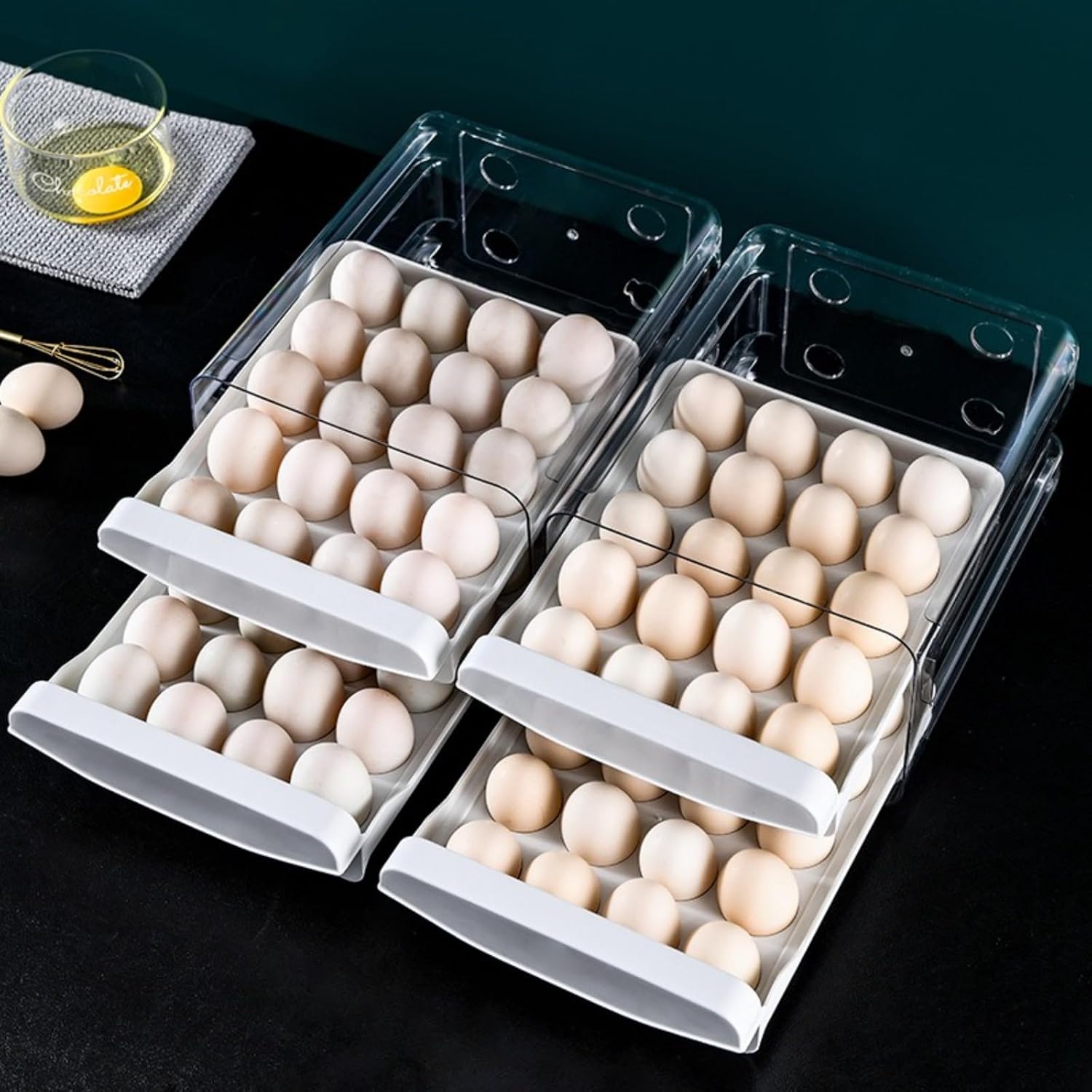 Egg box rack for 40 egg refrigerators, stackable with transparent two-layer distribution trays, refrigerator drawers, and storage containers with handles