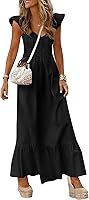 PRETTYGARDEN Women's Cap Sleeve V Neck Smocked Maxi Dress with Pockets - Flowy Summer Sundress for Vacation & Party