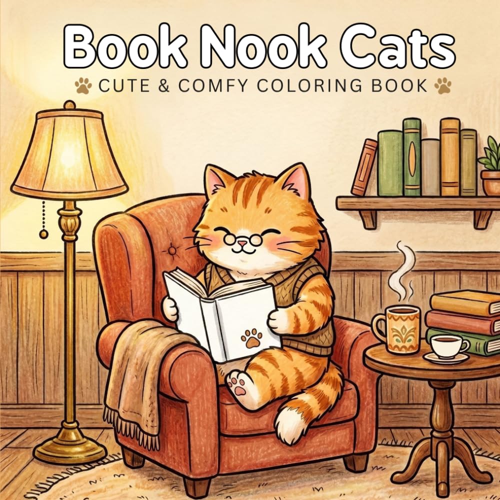 Book Nook Cats: Bold & Easy Coloring Book for Adults and Teens Featuring Cozy Reading Cats, Bookstore Adventures, Tea Time, and Relaxing Hygge Moments