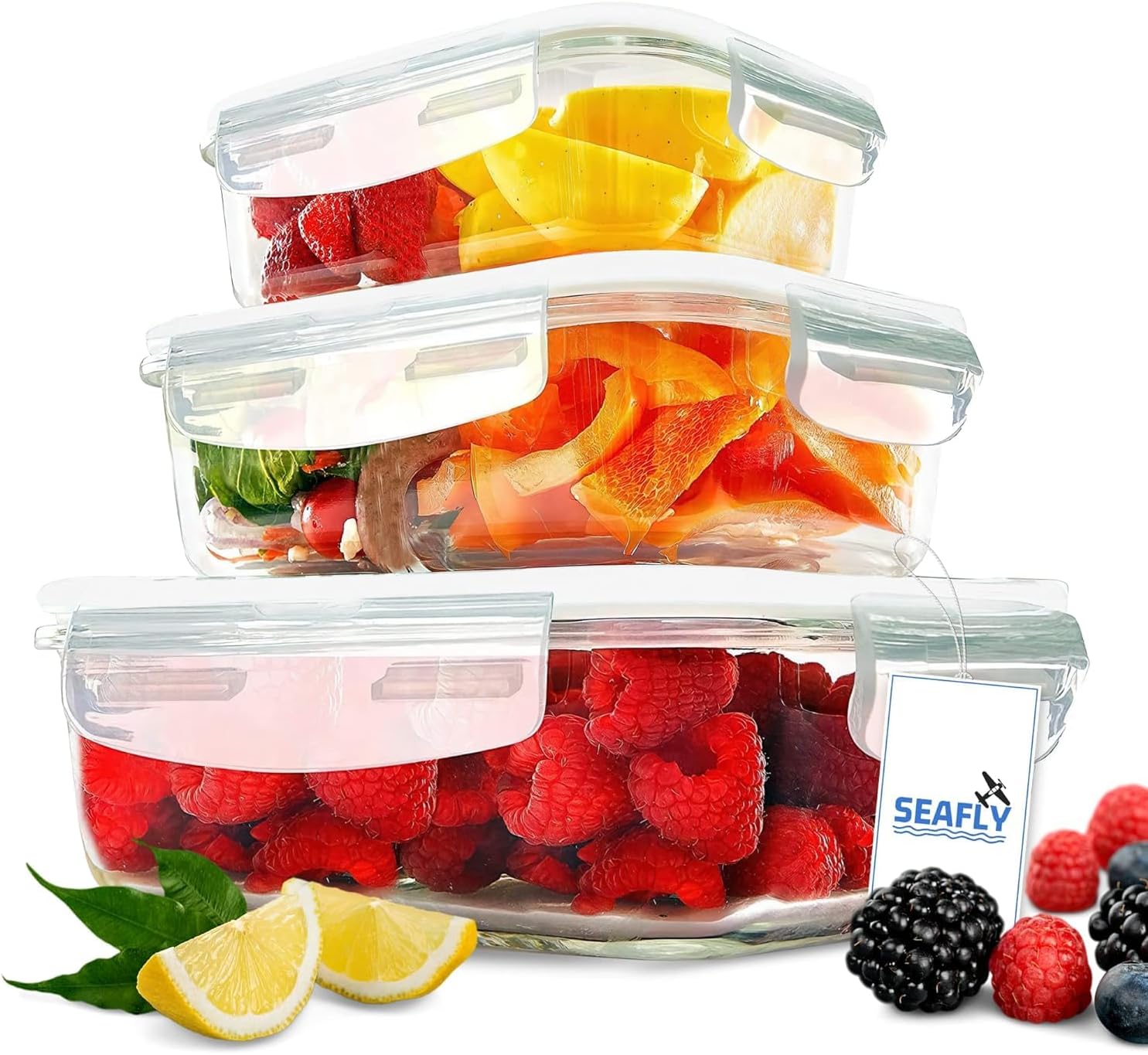 [3-Pack] Glass Kitchen Meal Prep Containers With Lasting Snap Locking Lids, Microwave/Oven/Freezer & Dishwasher Safe Assorted Colors