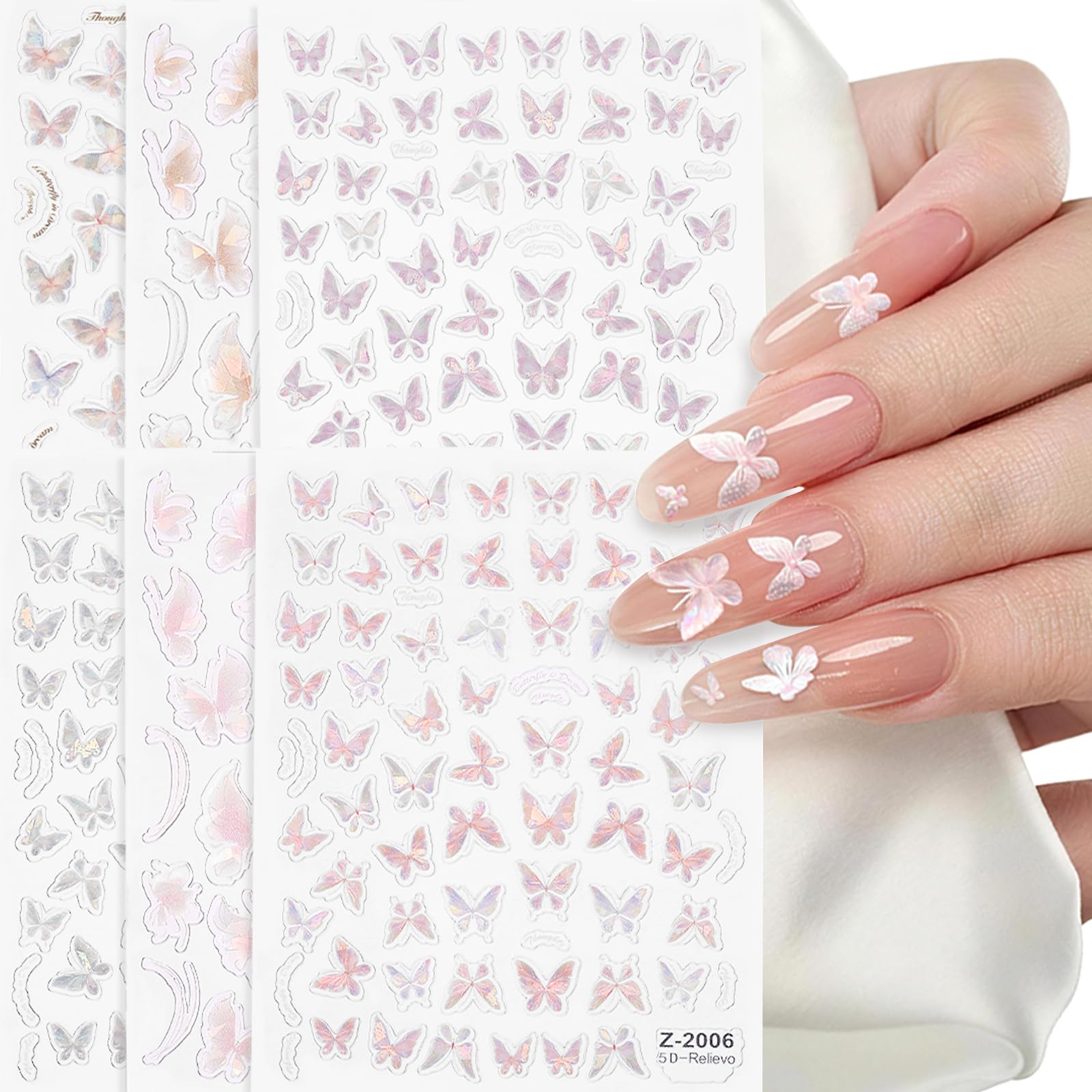 HonGien 6 Blatt Nagel Aufkleber Schmetterling Butterfly Nail Art Stickers, 3D Selbstklebend Glitzer-Nagelaufkleber, Nagelkunst-Design-Dekorationszubehör