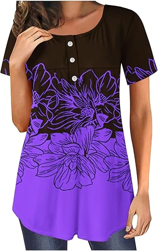 Camiseta con estampado floral para mujer, de manga corta, con botones, sin arrugas, casual, sin botones