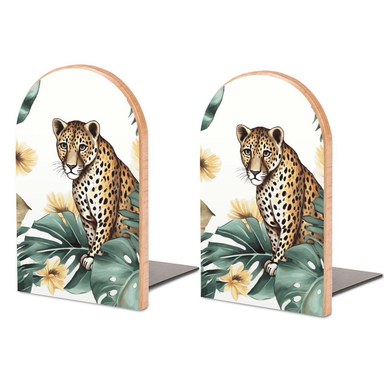 Leopard and Palm Leaves Bookend Modern Bookends for Shelves Non-Skid Book Holder Heavy Duty Metal Book Storage for Books CDs Decorative Book Stopper for Home