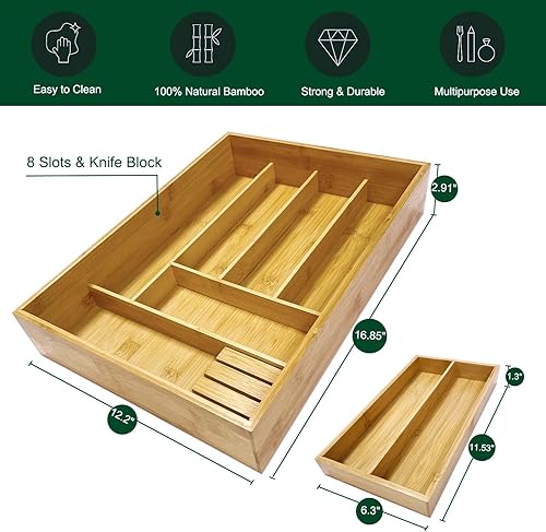 Miniatura 5 de Organizador de cajones de cocina de bambú de doble capa, organizador de cajones de utensilios, cubiertos y bandeja de cubiertos, con bandeja de