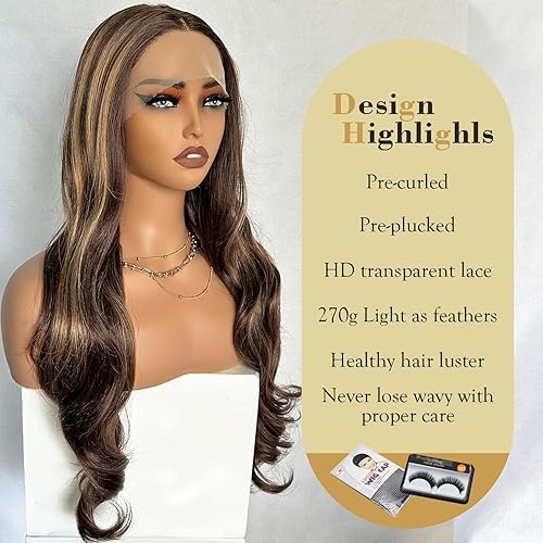Miniatura 2 de UREMY Pelucas de encaje frontal con reflejos marrones, peluca ondulada de 30 pulgadas de largo, predepilada, onda natural, rubio miel, pelucas de
