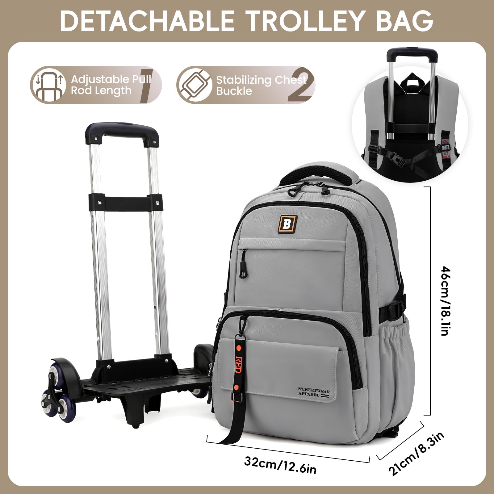 Amythe Mochilas con Ruedas para Niños, Mochila Escolar Adolescentes, Bolso Colegio de Moda para la Universidad, 31L Mochila Casual con Carrito, Ligera y Resistente al Agua, Gris