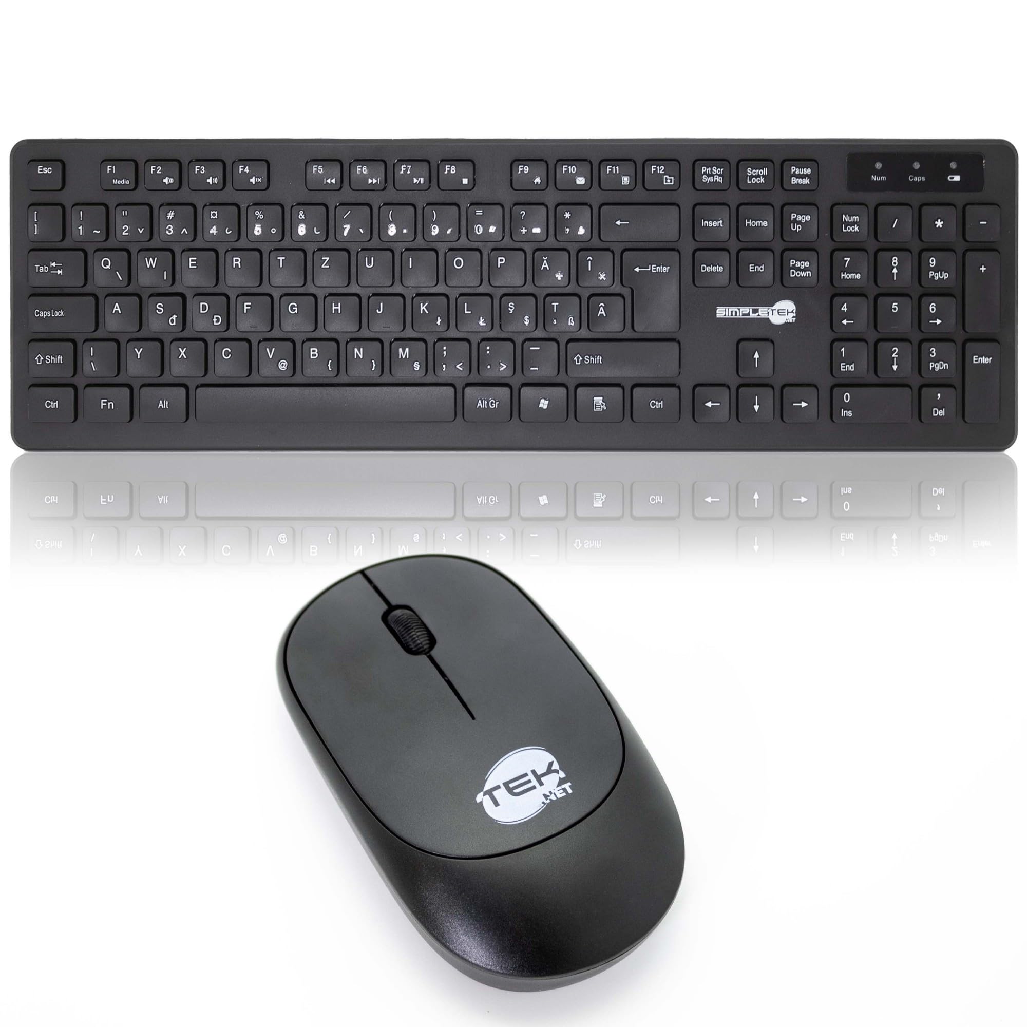 Simpletek Kit Tastiera E Mouse Wireless | Layout Romeno RO QWERTZ | 2.4G Con Ricevitore USB | Mouse Ergonomico 3 Tasti | Nero