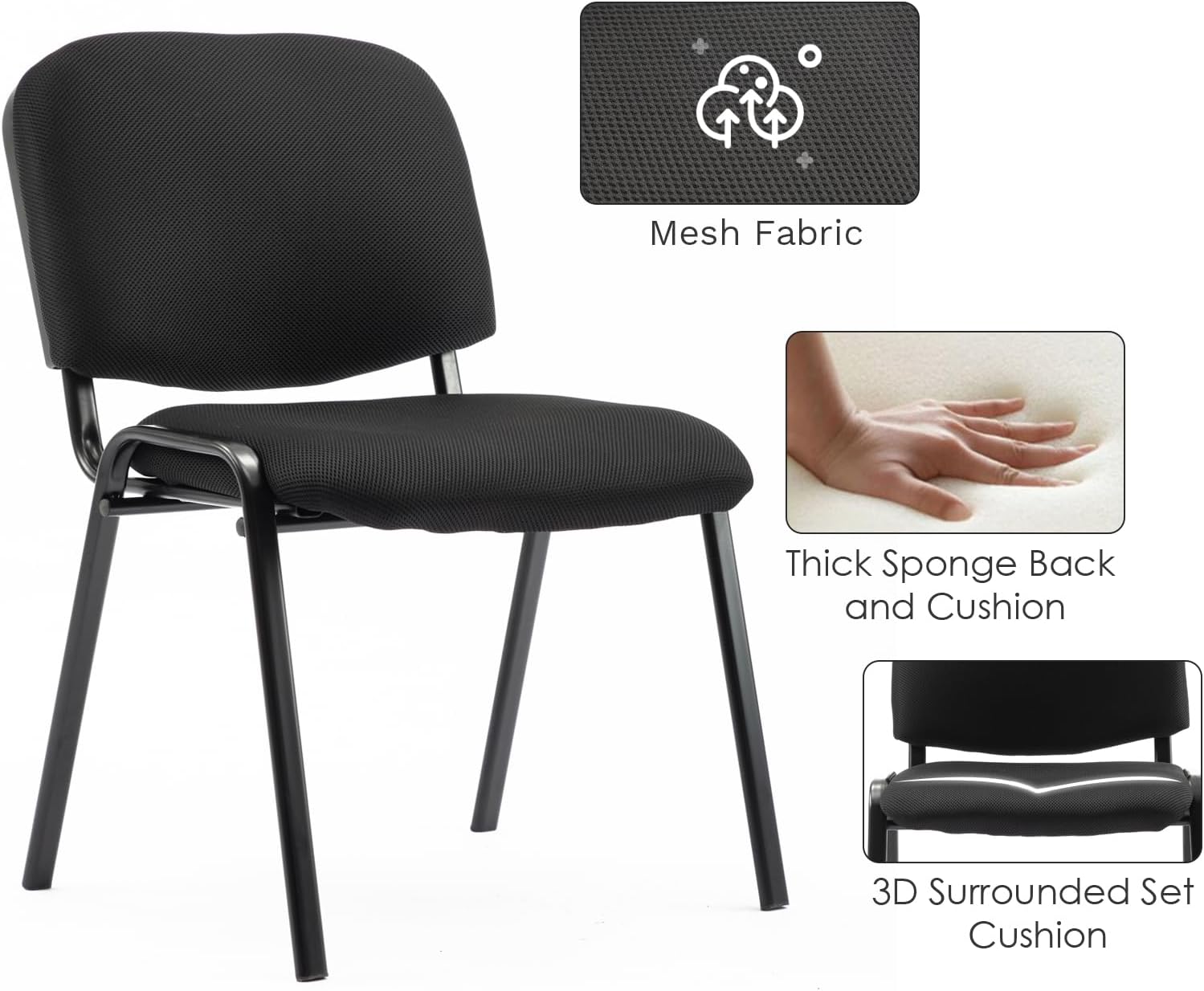 Stackable Waiting Room Chairs Set of 5, Black Mesh Conference Lobby Chairs No Wheel, Padded Stationary Office Reception Guest Chair for Breakroom/Clinic/Church/School/Meeting/Desk