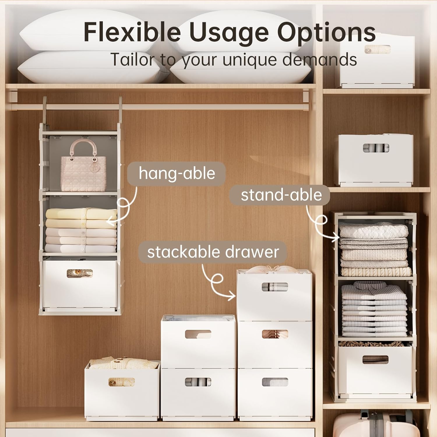 HAIXIN 3-Shelf Hanging Closet Organizer with 3 Removable Drawer & 6 Dividers, Plastic Hanging Shelves Foldable Closet Organizer and Storage Drawer for Bedroom, Wardrobe, Garment Racks, RVs