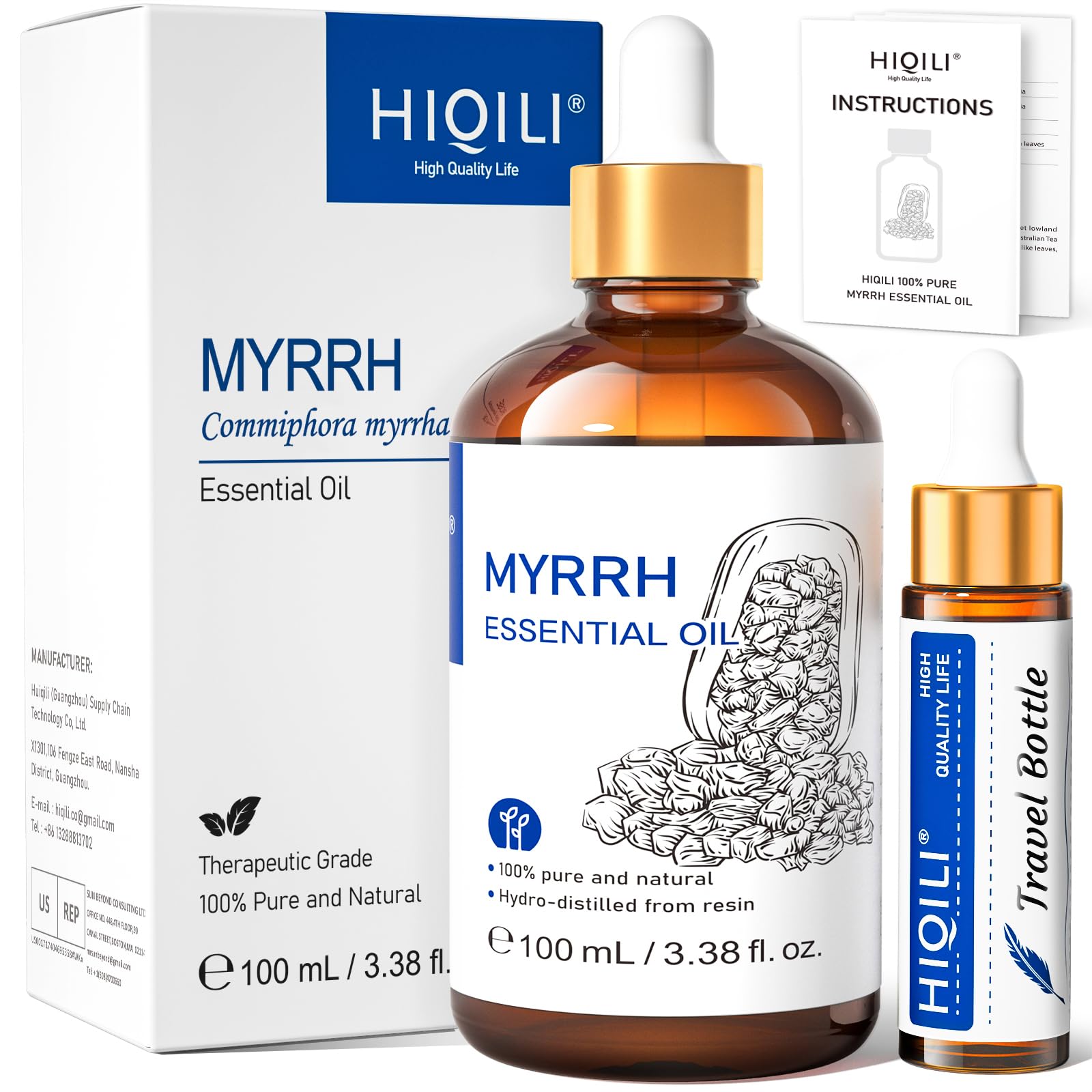 HIQILI Myrrh Essential Oil, 100% Pure Premium Quality Myrrh Oil for Diffuser, Bath - 3.38 Fl Oz