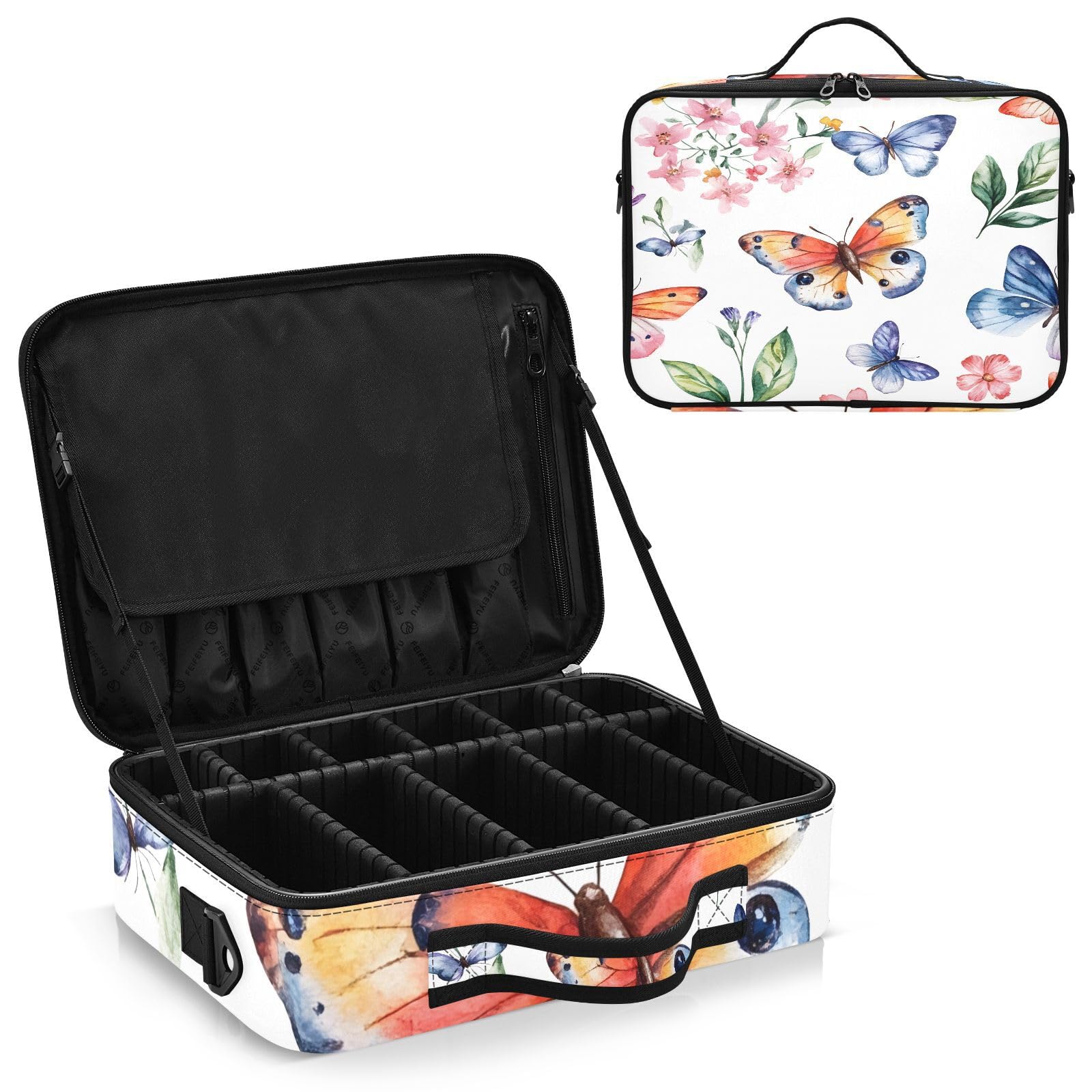 zyrtty Travel Makeup Train Case Butterfly Flowers Pattern Cosmetic Organizer Portable Storage Bag with Adjustable Dividers for Cosmetics Brushes Toiletry Jewelry Digital Accessories
