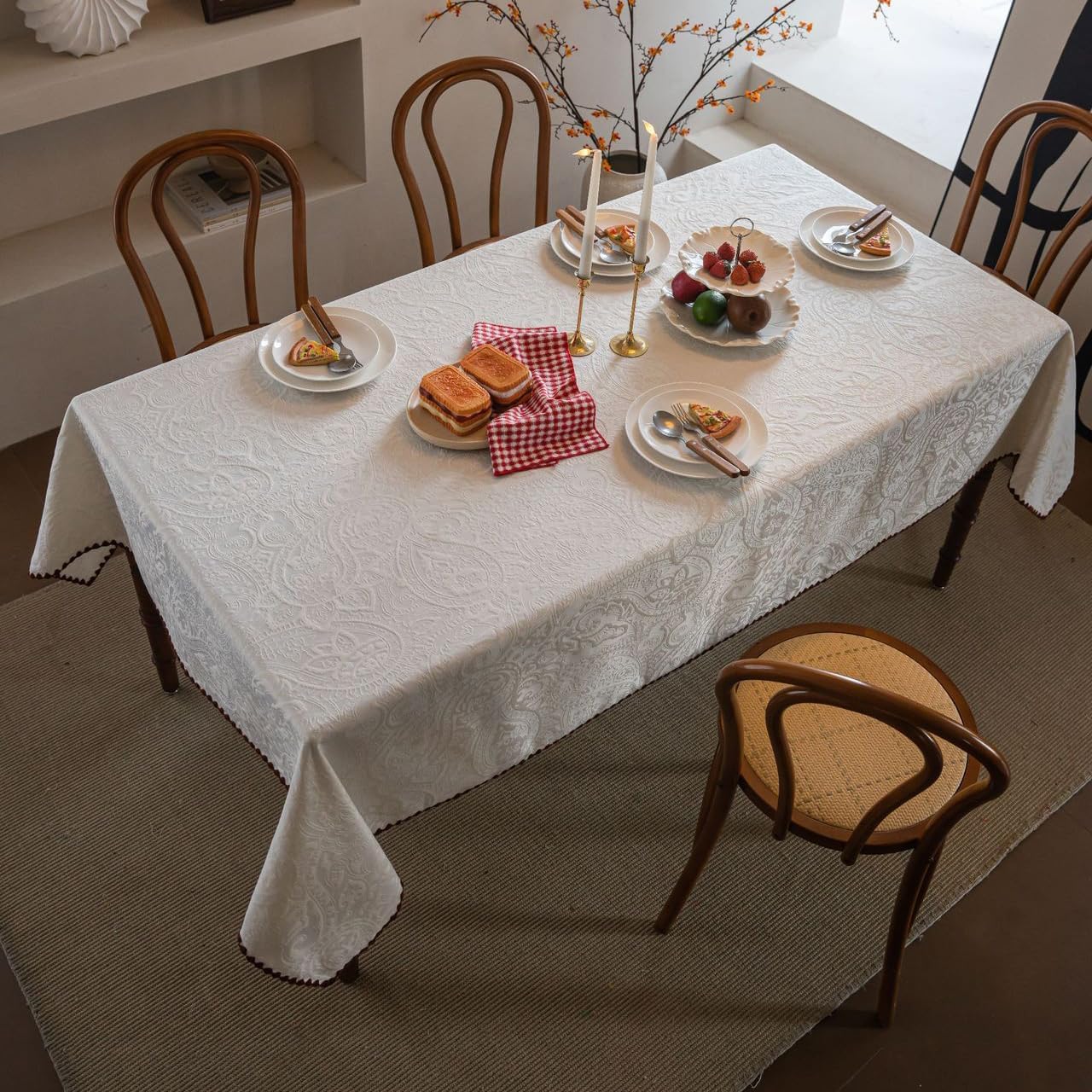 vctops Rectangle Ivory Tablecloth with Embroidered, Luxury Paisley Jacquard Damask Table Cover Washable Wrinkle Resistant Table Cloth for Kitchen, Dining Room, Party and Banquet - 55"x79"