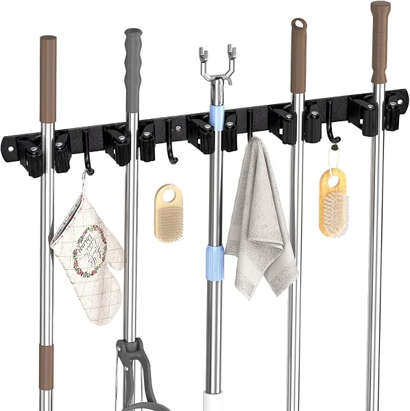 Carehabi Accroche Balai Mural, 5 Support Balais Mural et 4 Crochets Noir, Porte Balai avec Percage ou Adhésif san Percage, Organisateur pour Salle de bain, Garage, Outils de Jardinage, Cuisine - 1