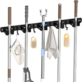Carehabi 5 Besenhalter mit 4 Haken, Besenhalterung Wandhalterung Besen Mop Halter ohne Bohren oder Bohren, Selbstklebend Werkzeughalter Organizer für Garage,Garten,Abstellkammer,Küche,Badezimmer
