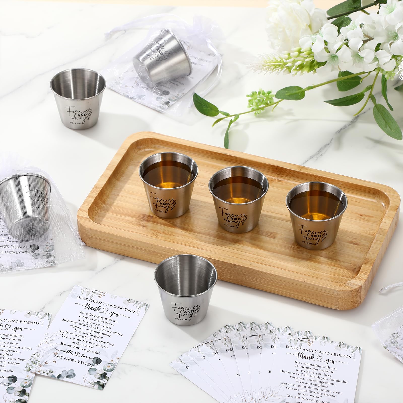Nuogo Set di 25 bicchierini da shot Forever and Always in acciaio inox, con sacchetti in organza, per ospiti, matrimoni, sposi, addio al nubilato