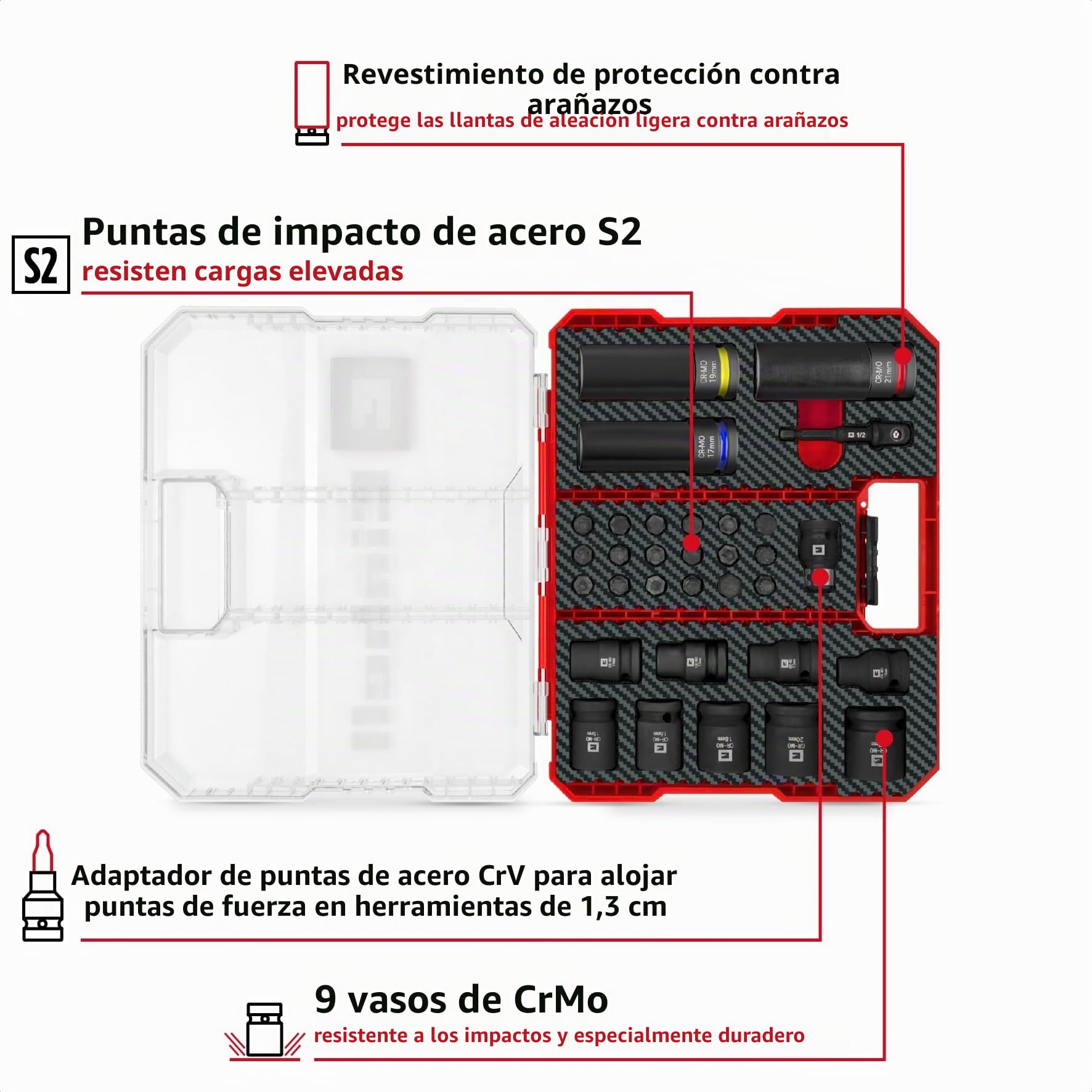 Juego de vasos de impacto Einhell original de 32 piezas (18x vasos Kraftbit de 30 mm, 9x vasos de 40 mm, 3x vasos de 80 mm, acero S2 y CrMo, funda de plástico, para automoción)