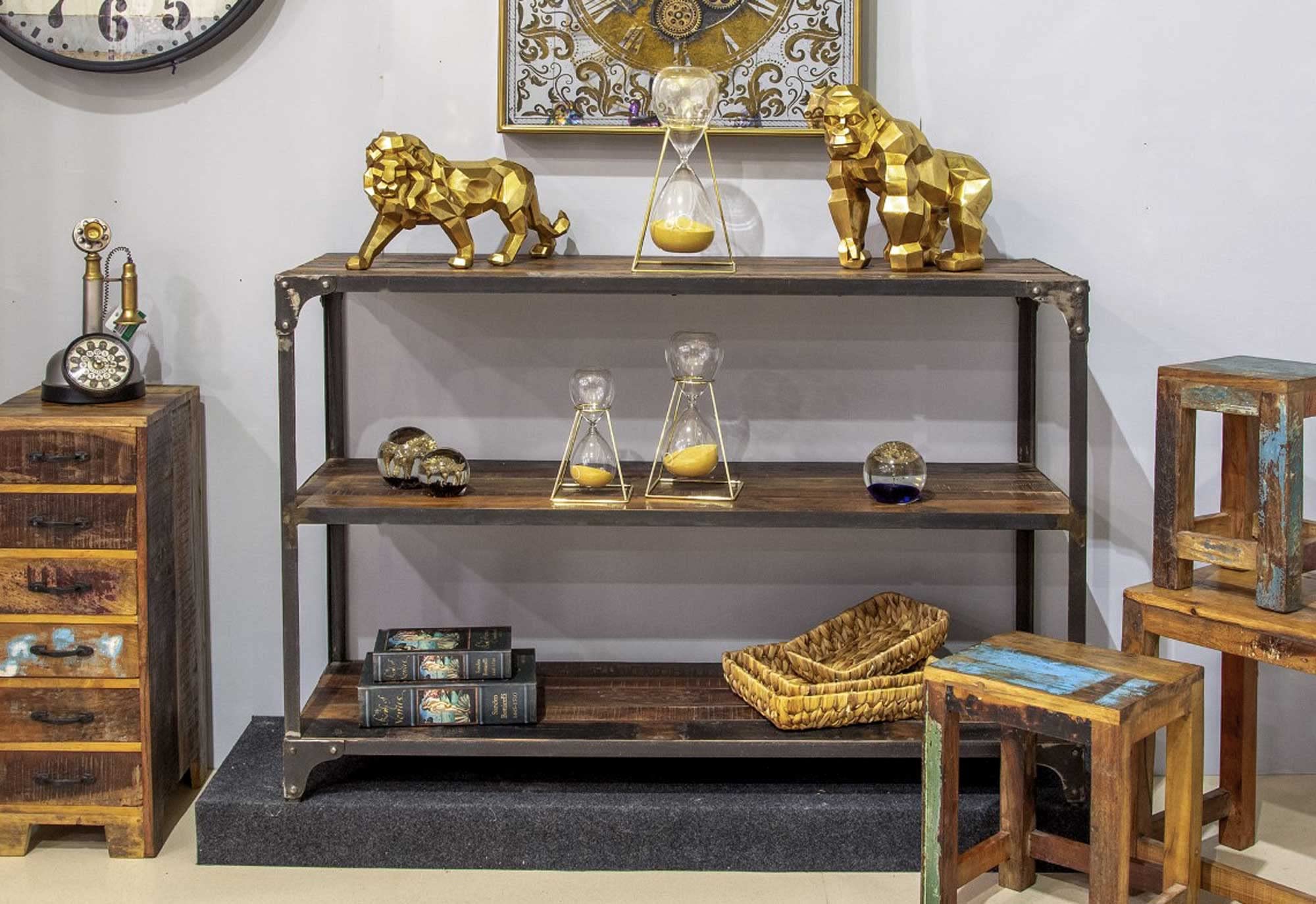 Grande consolle e ripiani in metallo e legno esotico, collezione Sinaloan, aspetto invecchiato e decapato, L 121 cm
