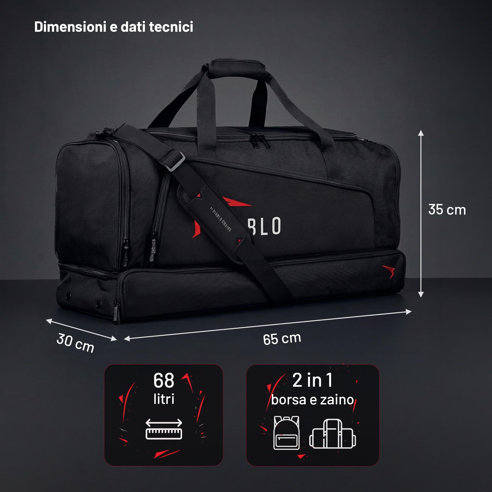 Diablo Borsa Sportiva Uomo Grande 68L Borsone Palestra con Scomparto Scarpe Zaino Multifunzionale Borsa Viaggio Fitness Impermeabile con Tasche Organizer Tracolla Regolabile