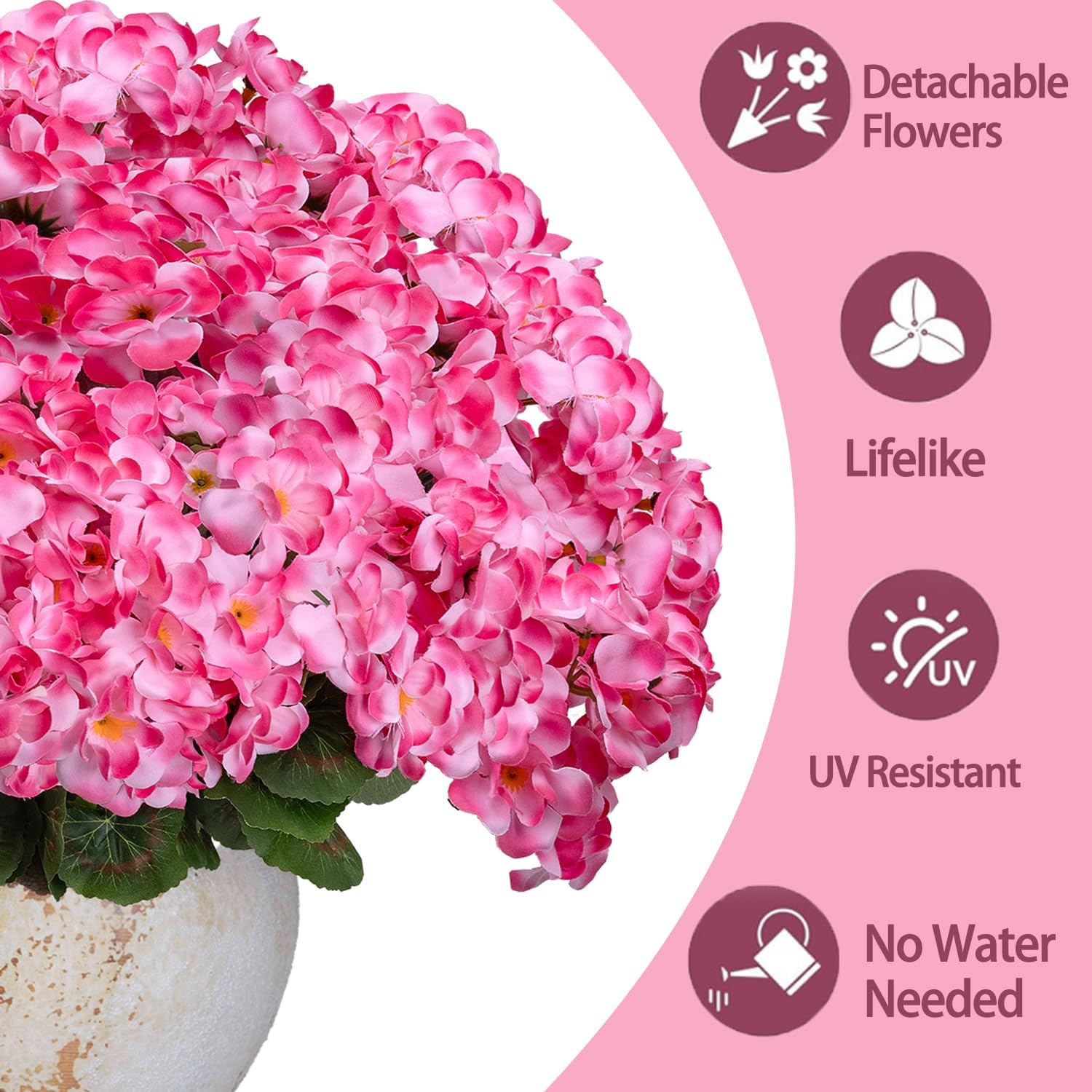 6PCS Artificial Geraniums Outdoor Flowers, Faux Pink Geraniums Artificial Flowers Plants Outdoor UV Resistant Plants, Realistic Silk Flowers for Cemetery, Front Porch Decor, Table Centerpiece - Image 7