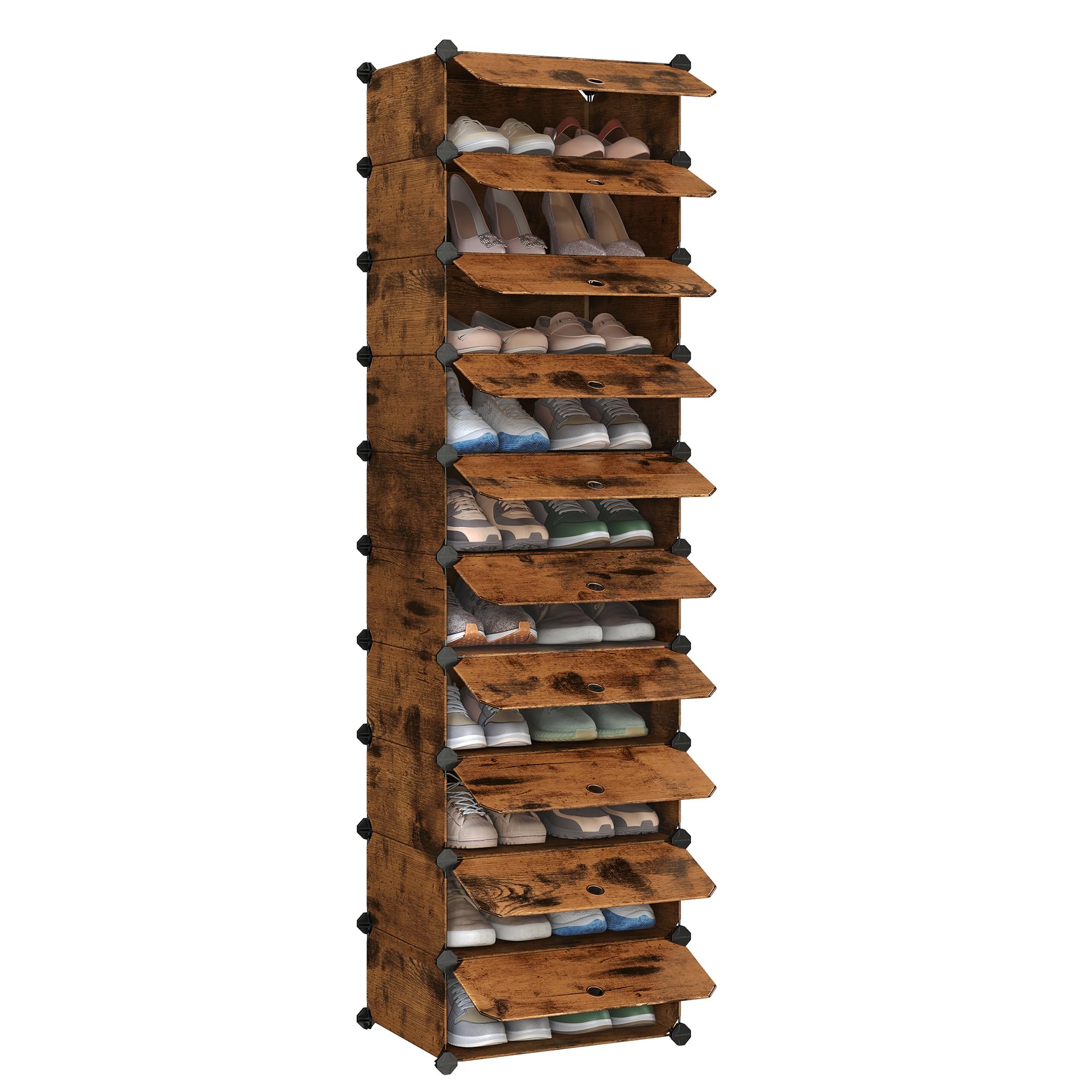 SONGMICS Zapatero Modular con 10 Compartimentos, Estantería Modular de Plástico, DIY, Zapatero con Puerta, con Martillo, Marrón Rústico LPC010A01