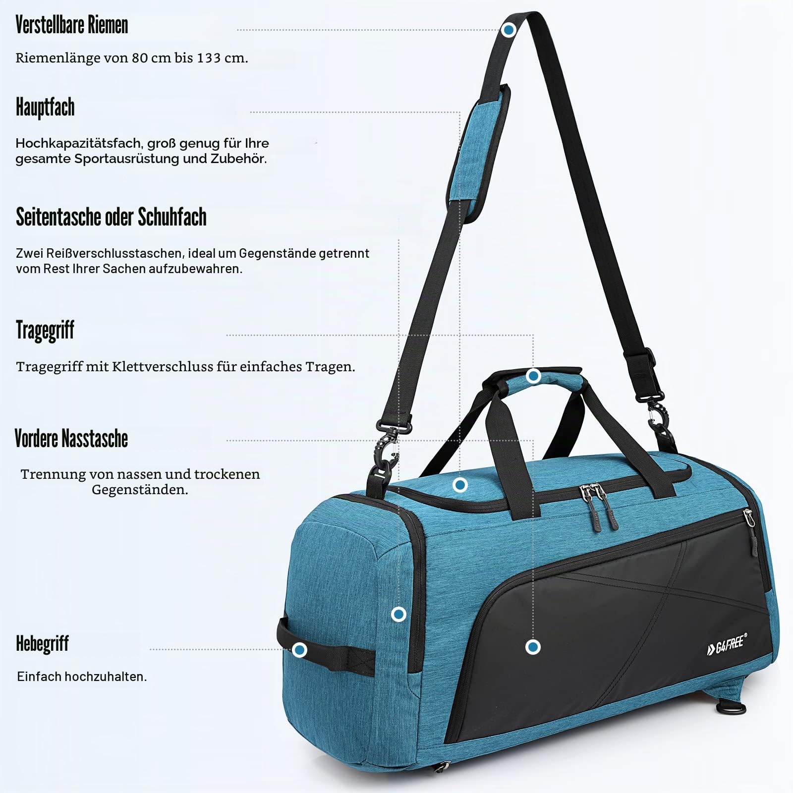 G4Free 45 l/60 l 3-Wege-Reise-Rucksack, großes Gepäck, Sporttasche mit Nassfach und Schuhfach für Reisen, Schwimmen, Yoga, Wandern, Camping