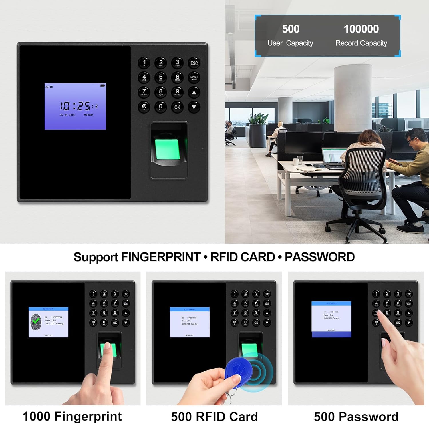 Diagram showing user capacity (500) and record capacity (100,000) with illustrations of fingerprint, RFID card, and password attendance methods.