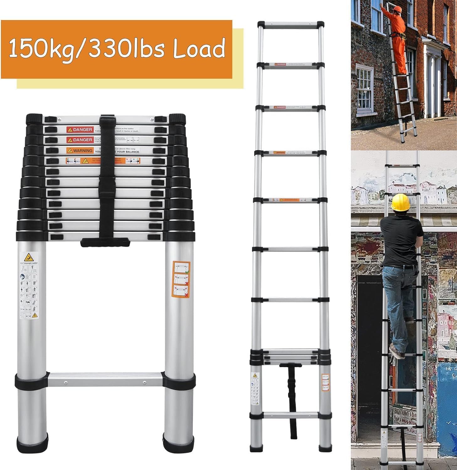 Telescoping Ladder,Aluminum Extension Ladder 12.5ft,Heavy Duty Telescoping Ladder Portable Easy to Transport,Weight 22.7lbs,330lbs Load Capacity,with Non-Slip Rubber Feet,4cm Wide Step,for H