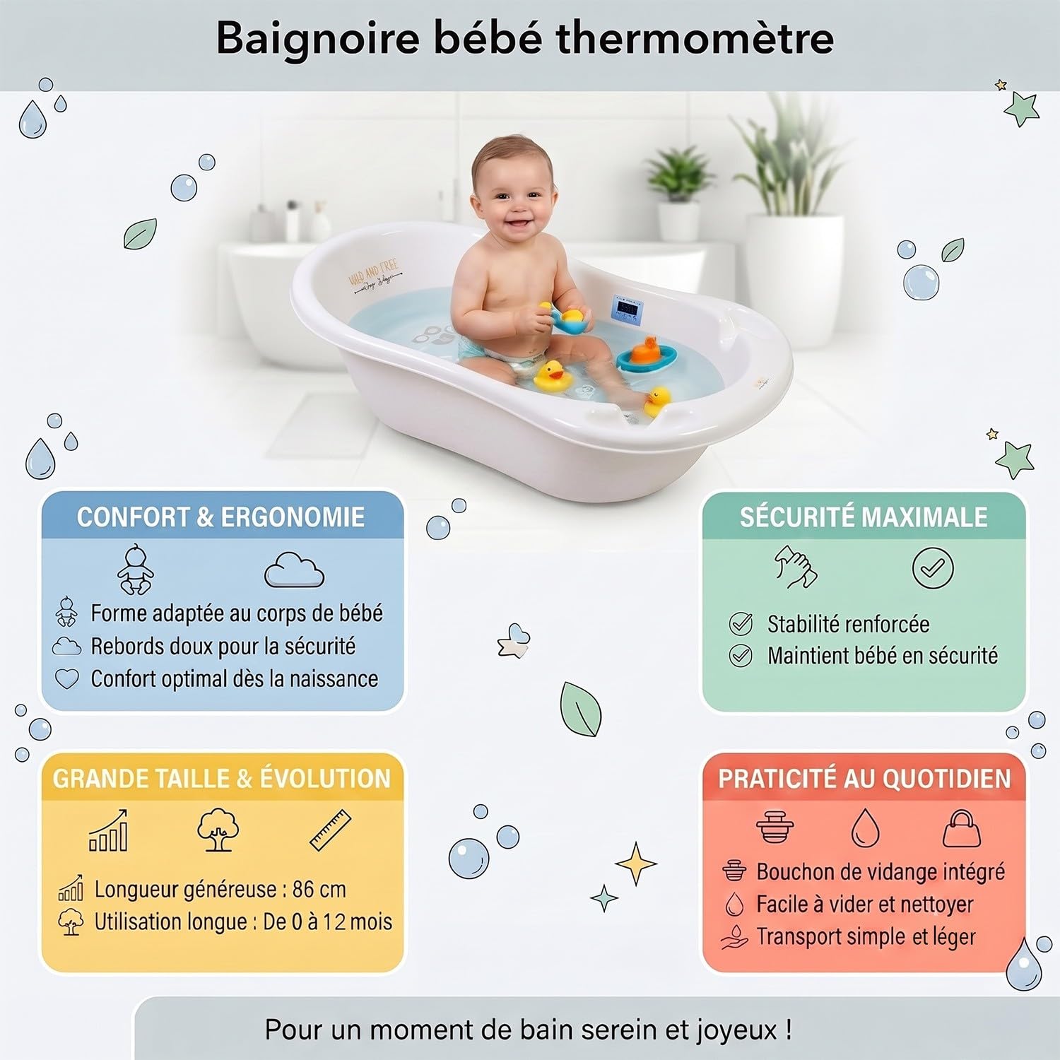 Bañera para bebé con termómetro (86 cm), color blanco