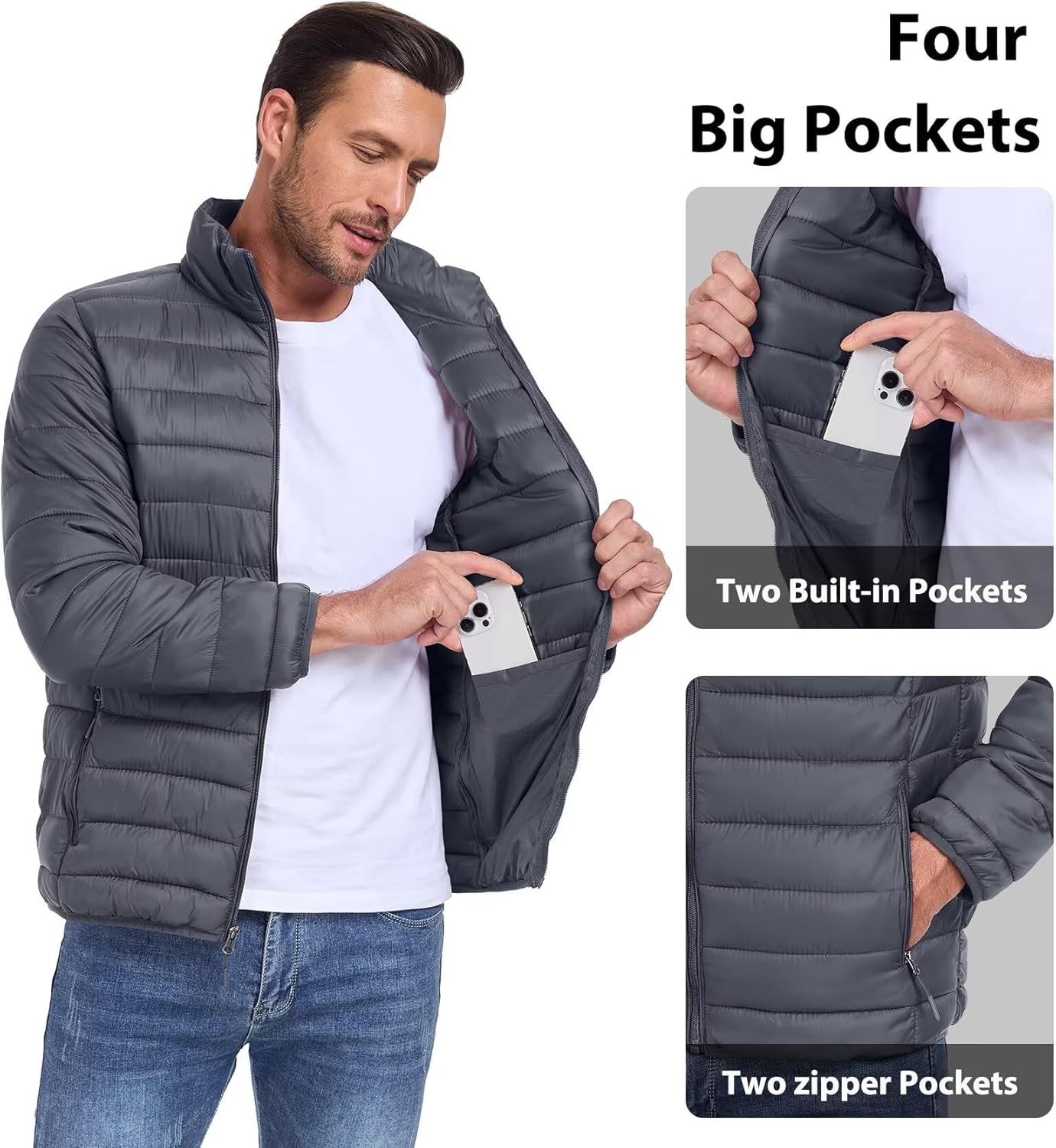 Mens Winter Coats Thermal Lightweight Puffy Jackets Men Waterproof Warm Puffer Coat with Zip Pockets - Image 5