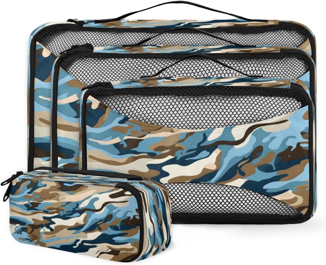 Packing Cubes for Travel Accessories with Double Zipper and Mesh Top 4 Piece Waterproof Brown Abstract Camo Suitcase Luggage Organizer Bags for Clothes Shoes Cosmetics