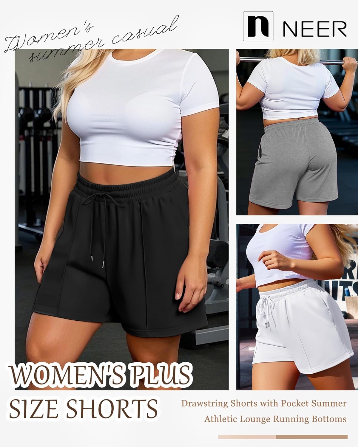 Neer 3 Pack Women's Plus Size Sweat Shorts, Drawstring Shorts with Pocket Summer Athletic Lounge Running Bottoms - Image 3