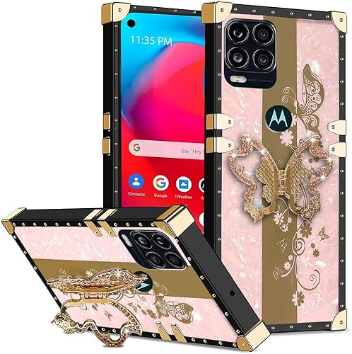 FLYING FLIER Funda para Motorola Moto G Stylus 5G, soporte de mariposa 3D con purpurina brillante, con remache cuadrado a prueba de golpes, funda