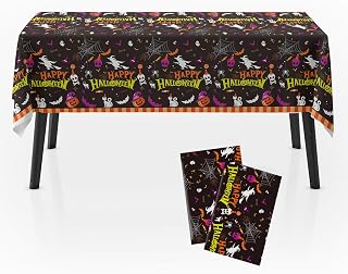 Halloween Tablecloth for Party 2Pack, 54" x 108" Plastic Table Cover with Pumpkin Ghost Cobweb, Happy Halloween Decorative Table Cloth for Dinner, Kids Theme Party Supplies