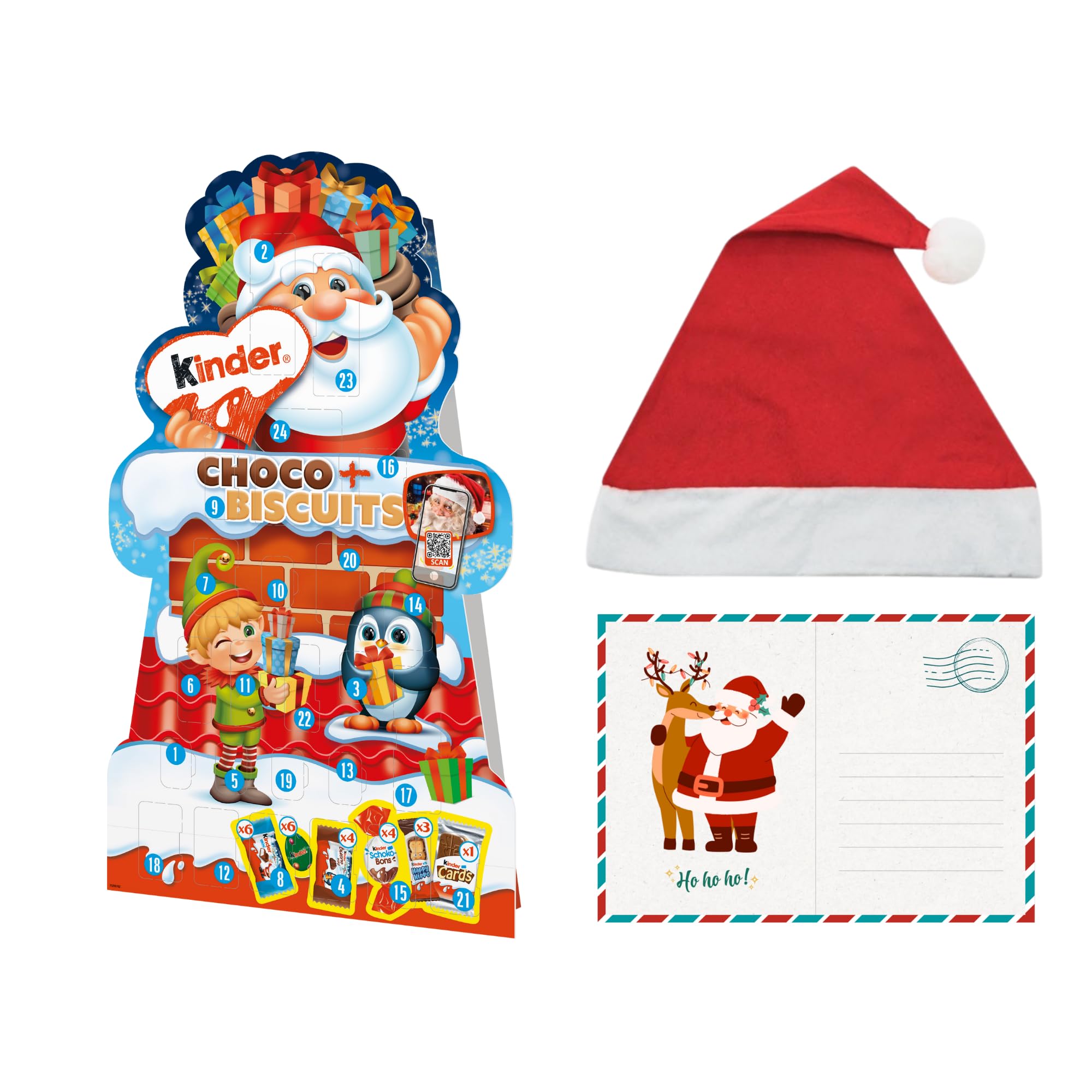 Kinder Biscuits Calendario de Adviento con Chocolates, Postal Navideña, Gorro de Papá Noel, Edición Especial Navidad