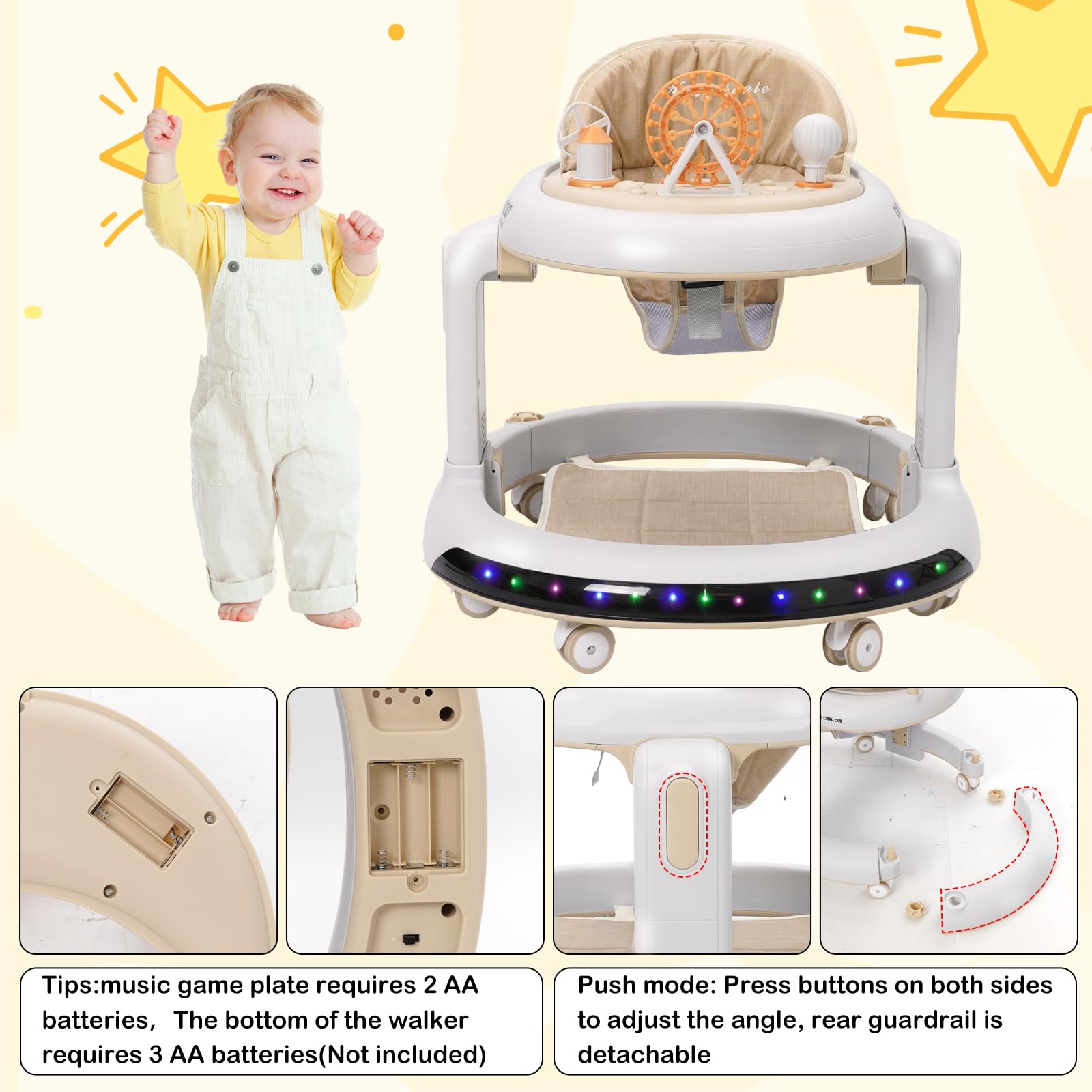 3 w 1 Chodzik dla dzieci, 6 regulowanych wysokości i 2 poziomów regulowanego siedzenia, BabyWalker z cichymi kołami 360°, tacą na kolację i wyjmowaną tacą na muzykę, dla dzieci w wieku 6-18 miesięcy