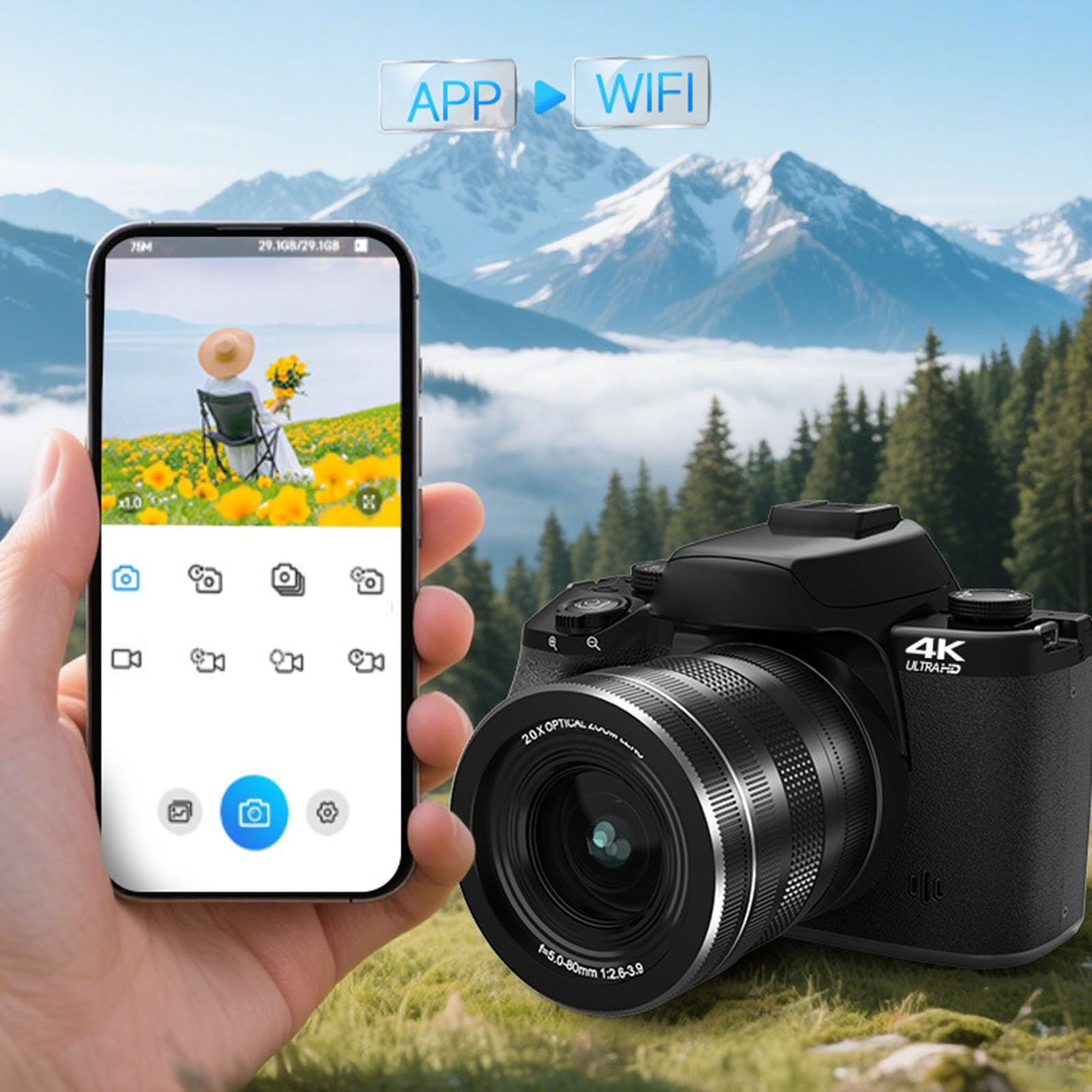 Fotocamera Digitale, Fotocamere 4K per Fotografia Video, Touch Screen WiFi da 75 MP Vlogging, Zoom Ottico Touch Screen da 4 Pollici Flash Paraluce Batteria 3000 MAh, per